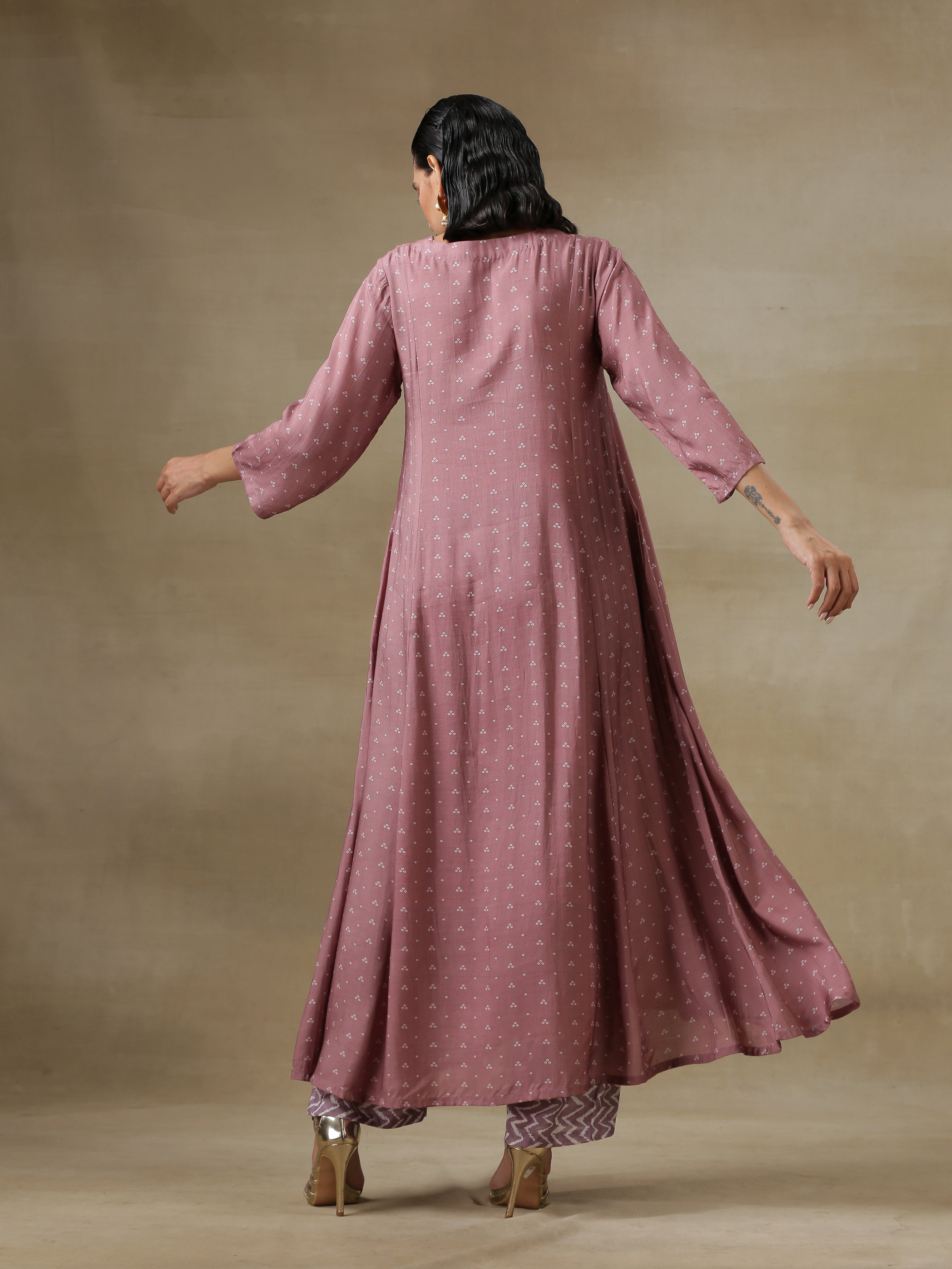 Dark Mauve Bandhani Printed Silk Front Pleated Long Kurta Pant Set