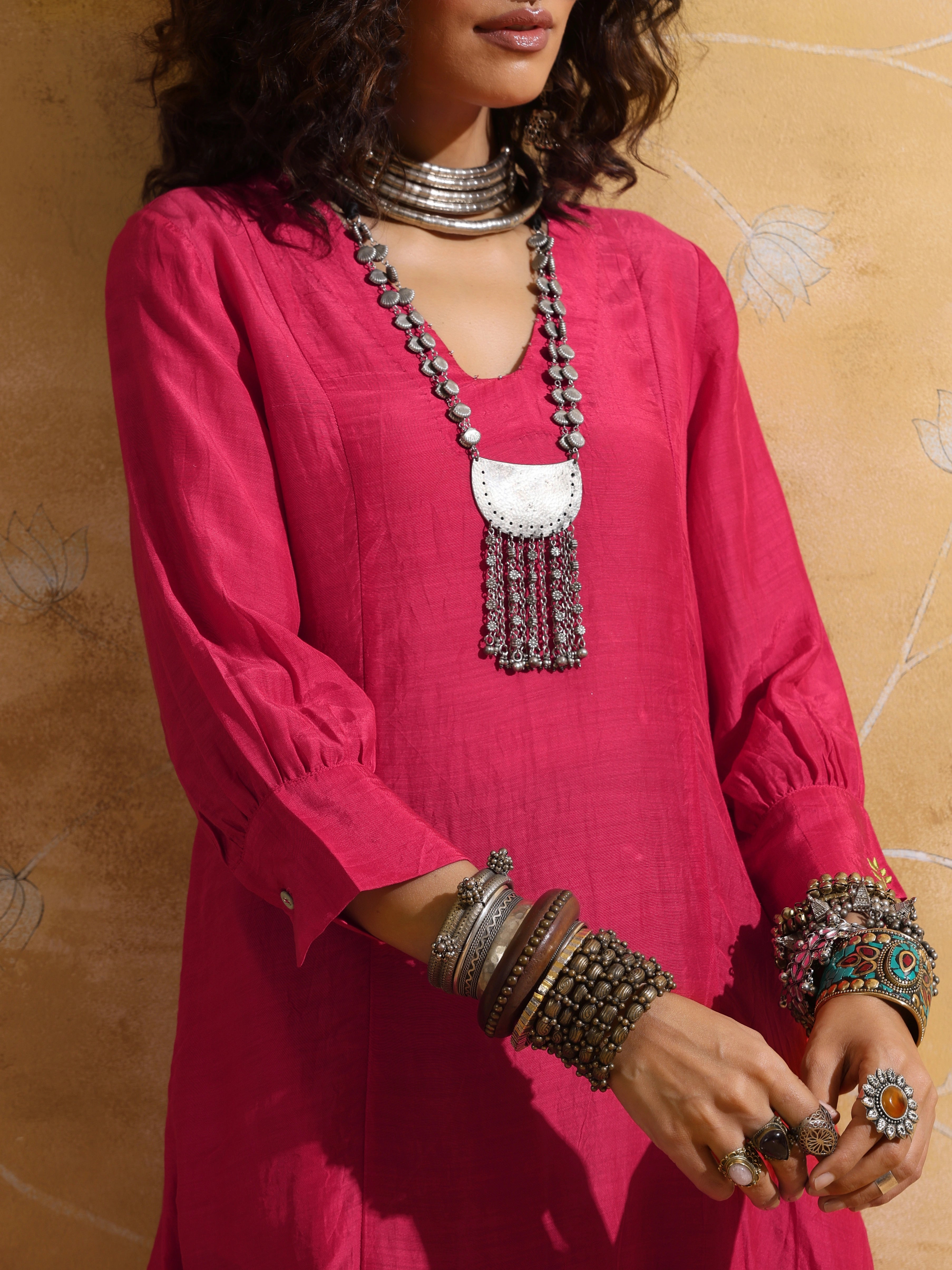 trueBrowns Pink Muslin Silk A-line Kurta Pant Set