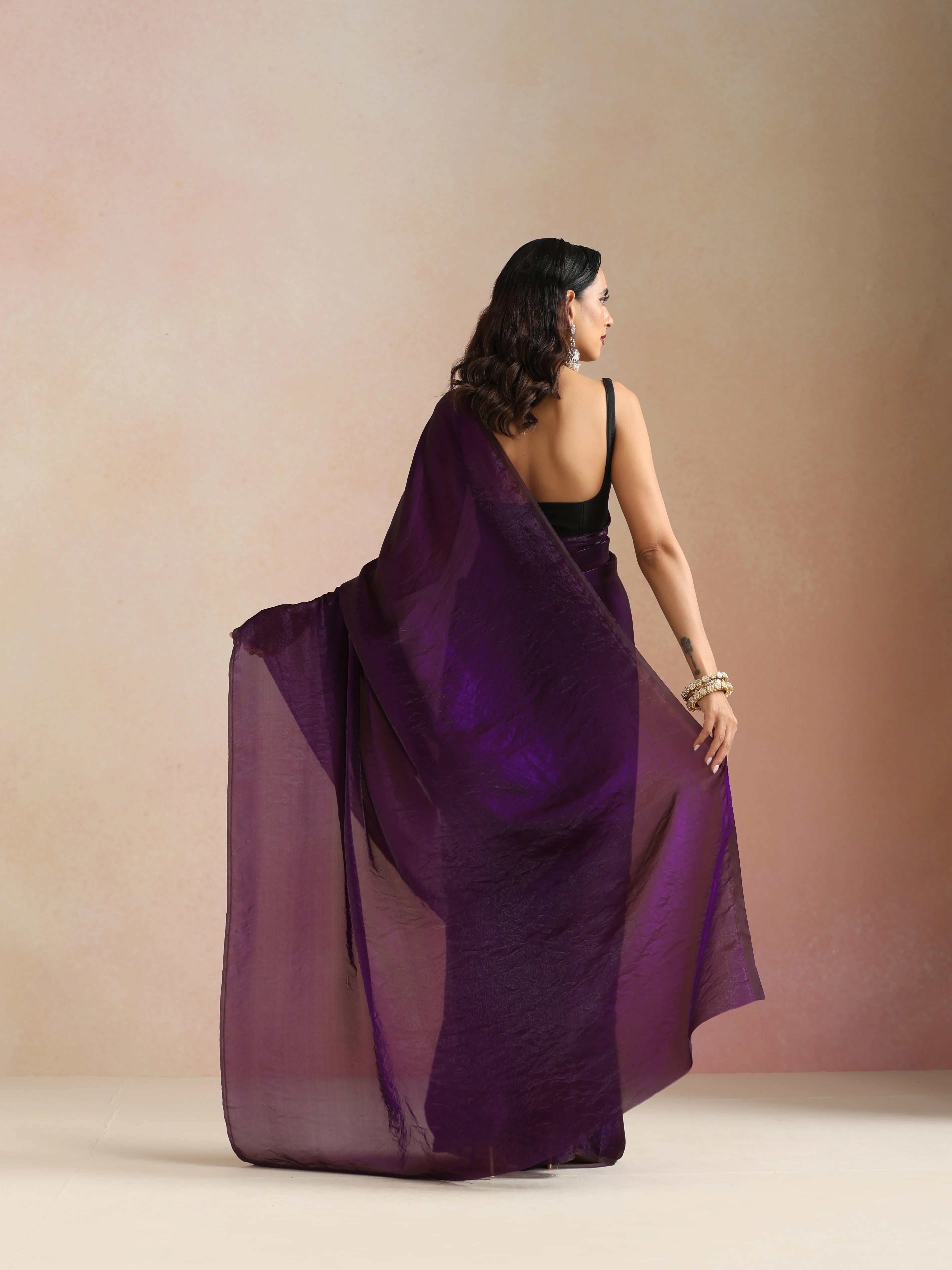 trueBrowns Purple Tissue Saree With Unstitched Blouse