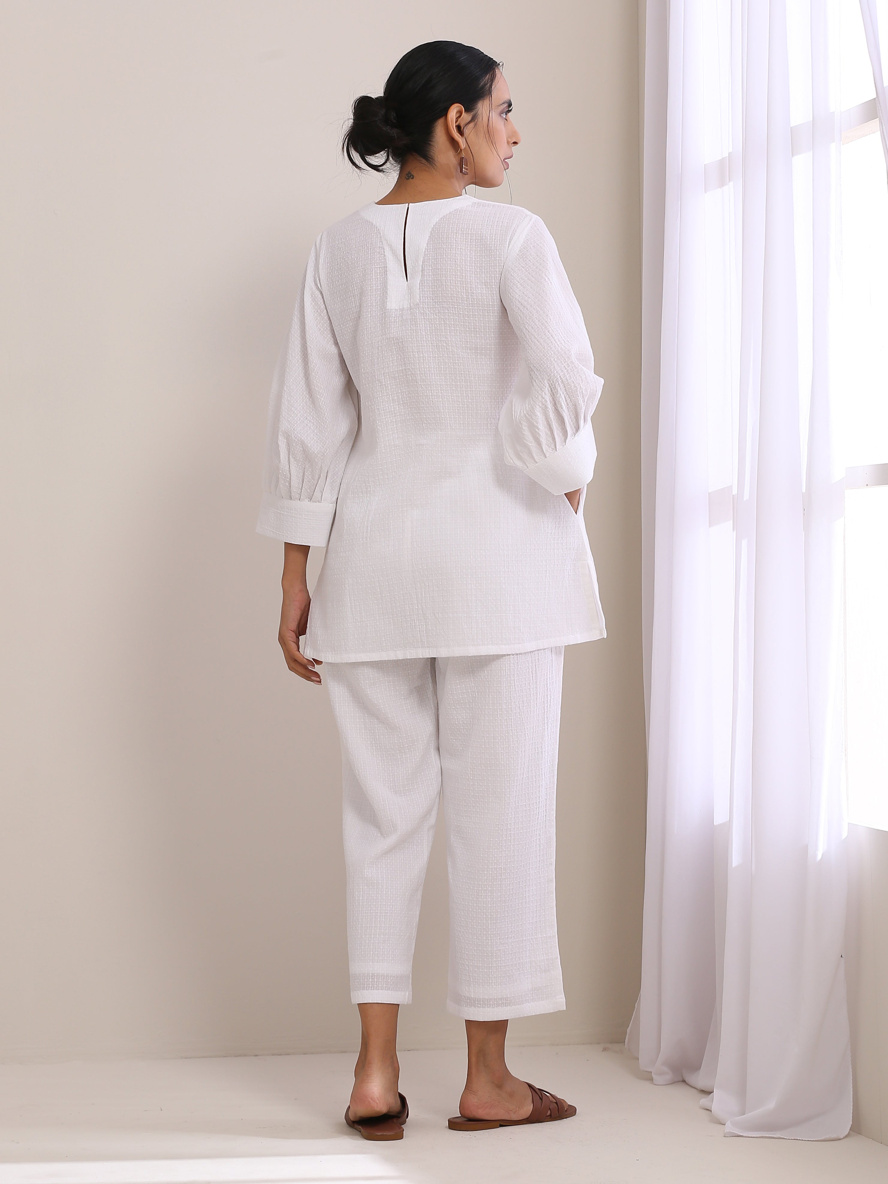 White Dobby Baggy Sleeve Co-Ord Set
