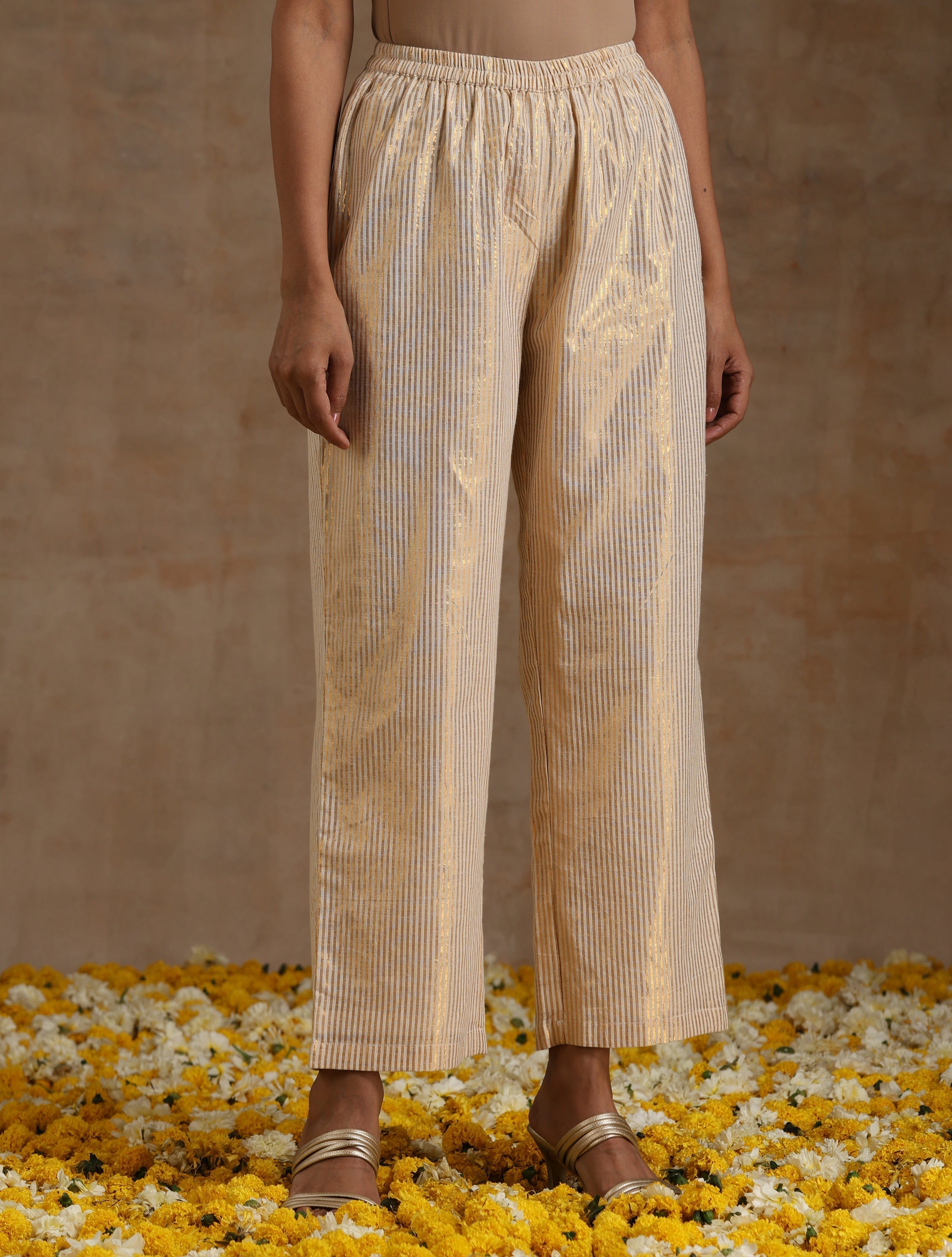 Ivory Gold Cotton Neck Pleat Kurta Set