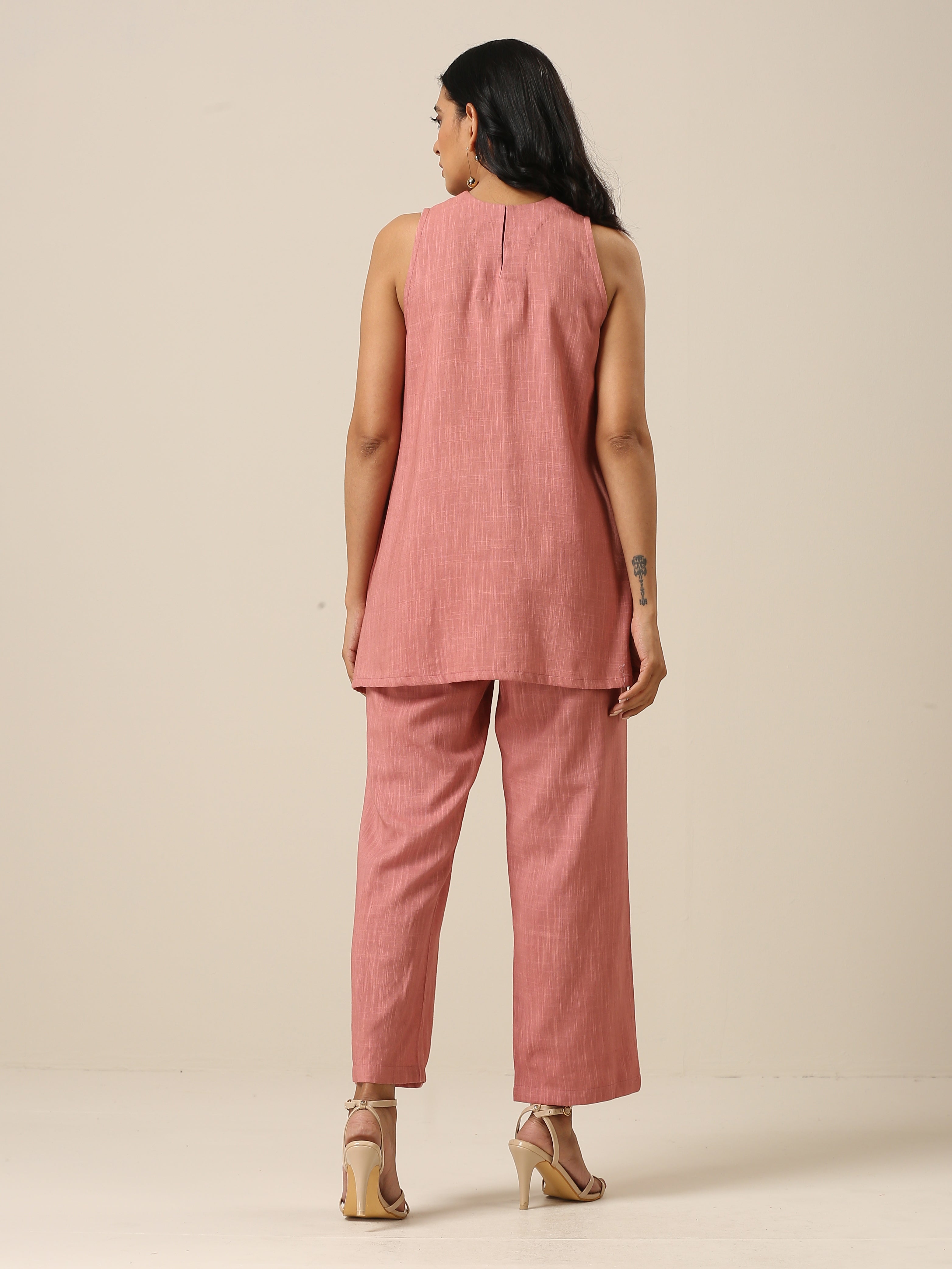 Light Mauve Slub Textured Sleeveless Short Co-Ord Set
