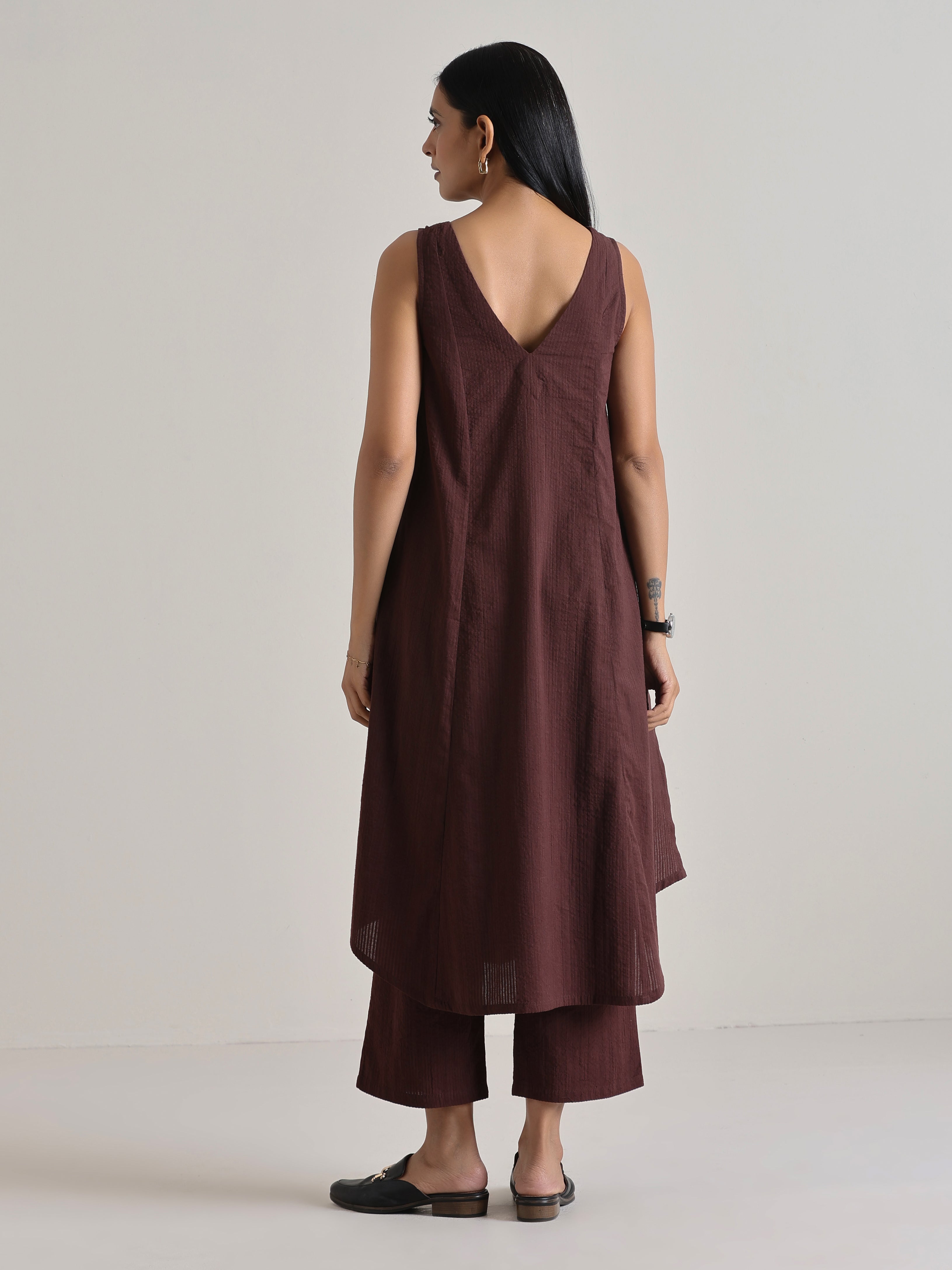 Cola Brown Sleeveless Flared Kurta Pant Set