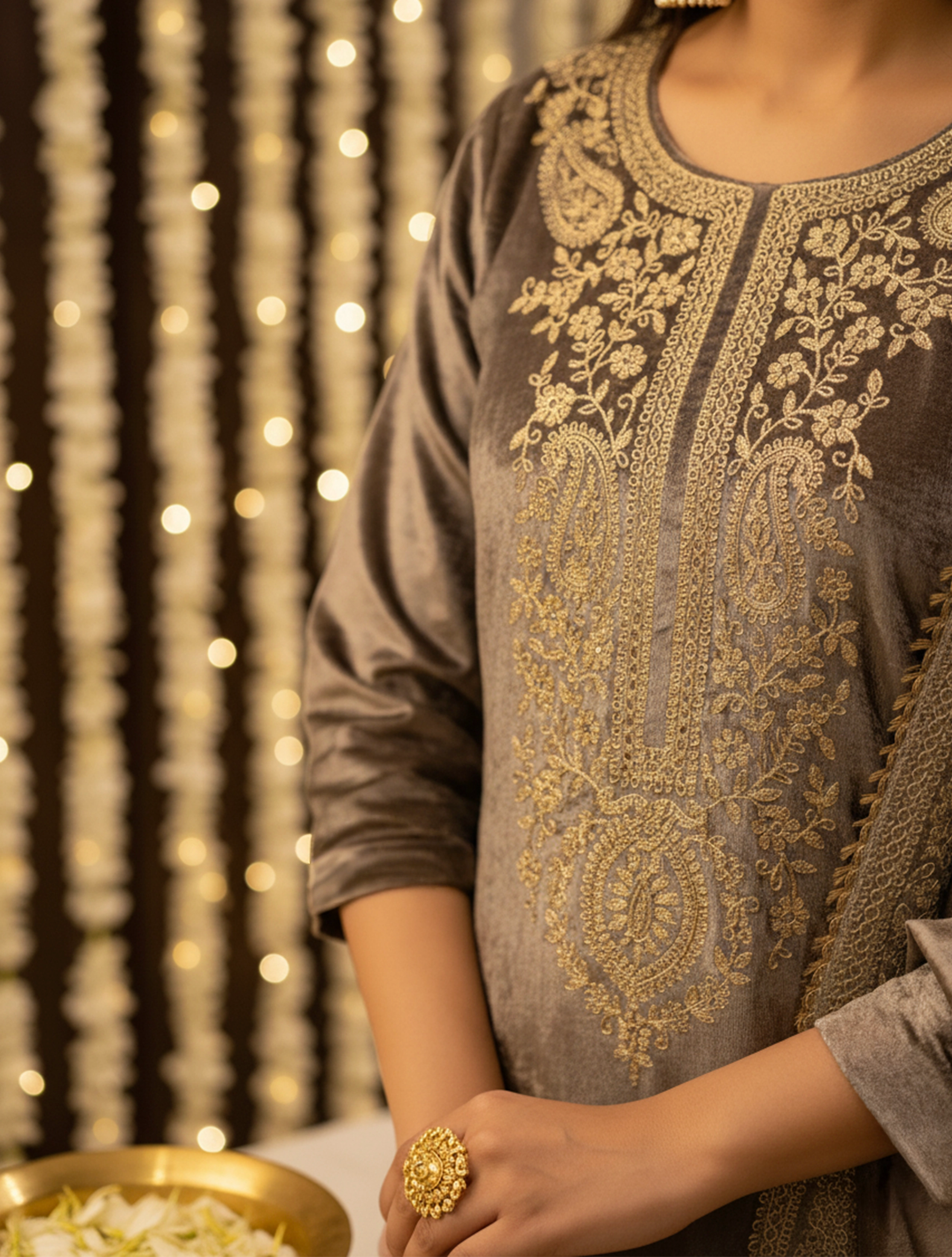 trueBrowns Velvet Grey Gleam Embroidered Kurta Pants Dupatta Set