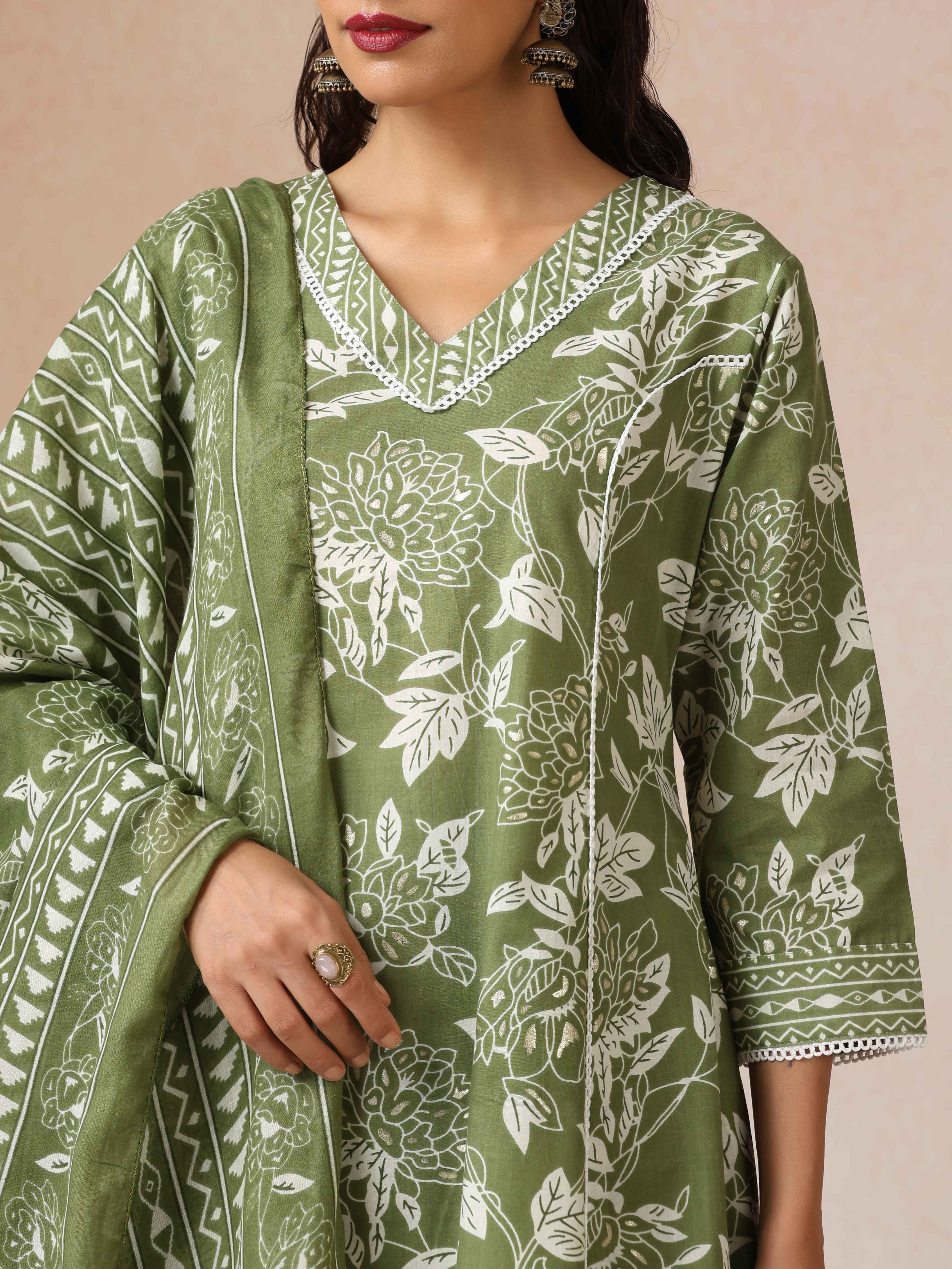 trueBrowns Green Cotton Print A Line Kurta 3pc Set
