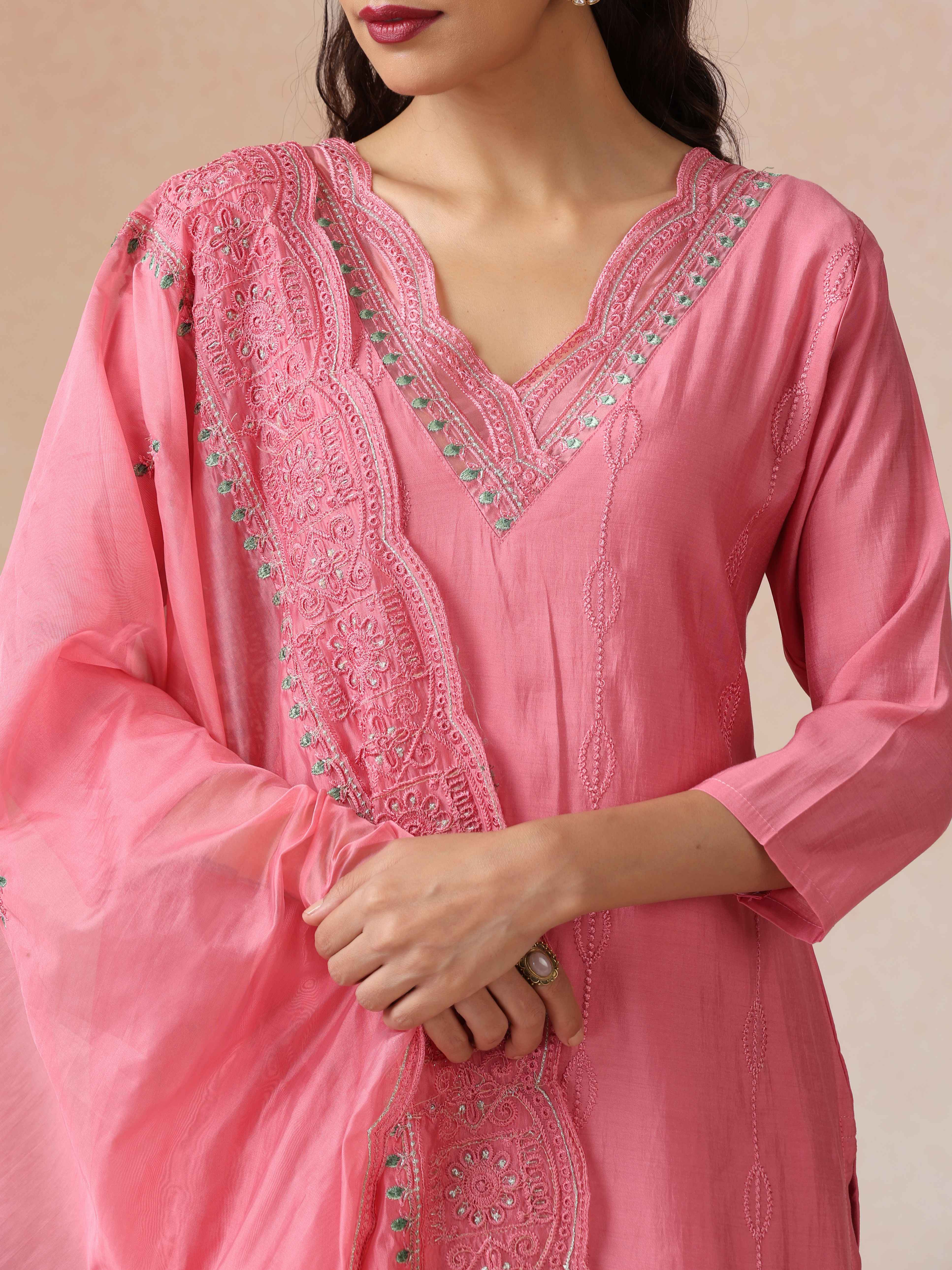 trueBrowns Pink Embroidered Kurta Pant Dupatta Set