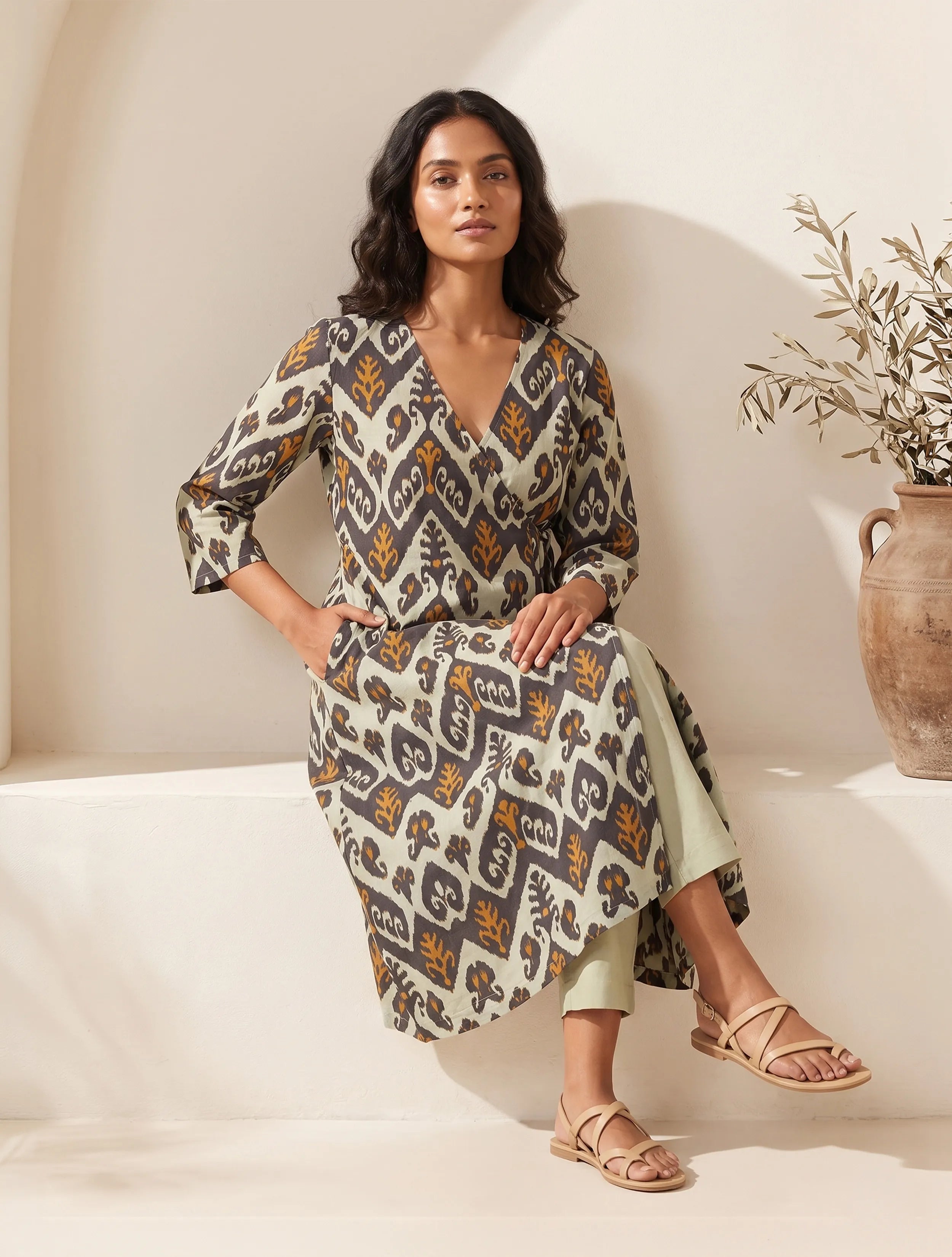 trueBrowns Mint Green Ikat Print Cotton Angrakha Kurta Set