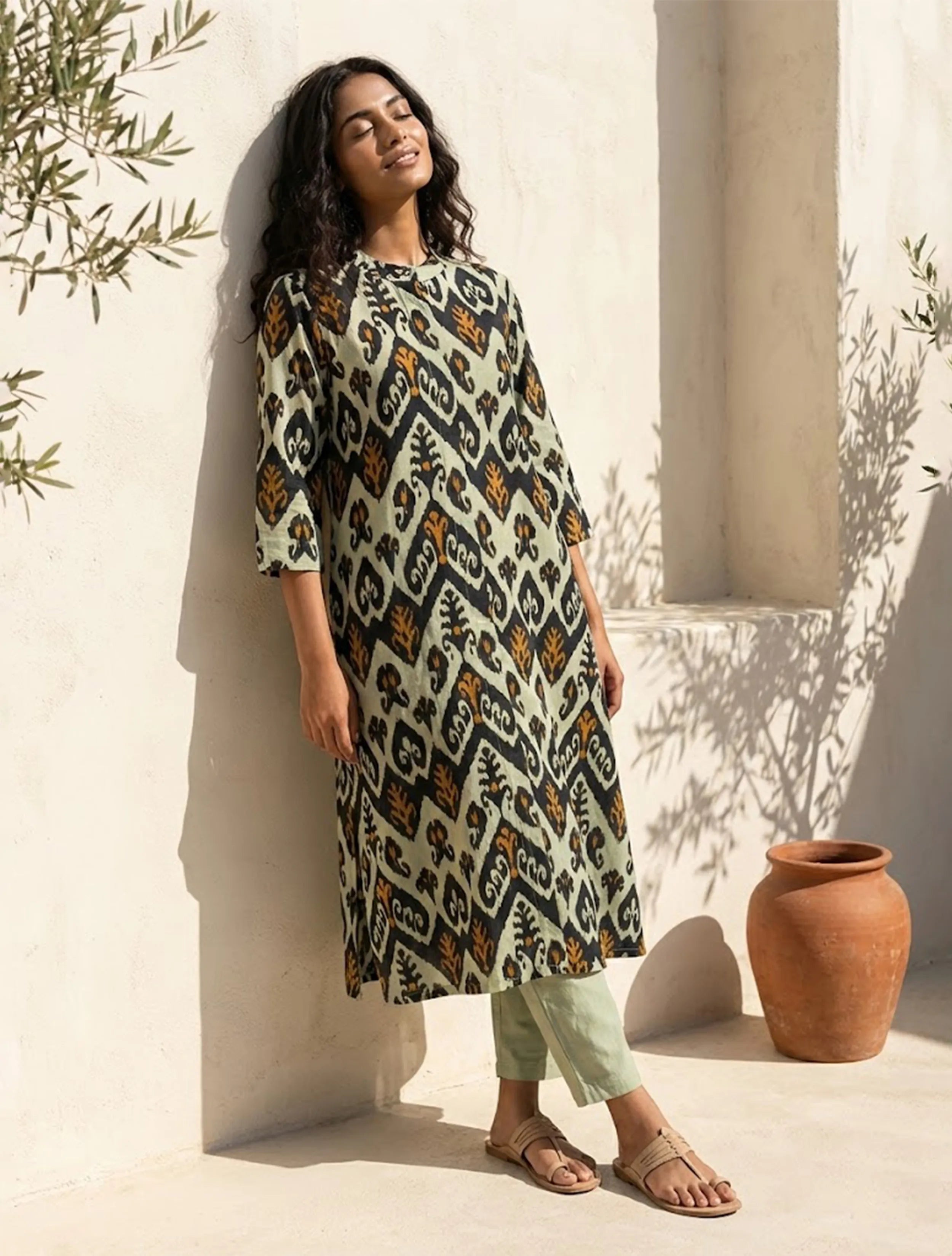 trueBrowns Mint Green Ikat Print Cotton Kurta Set