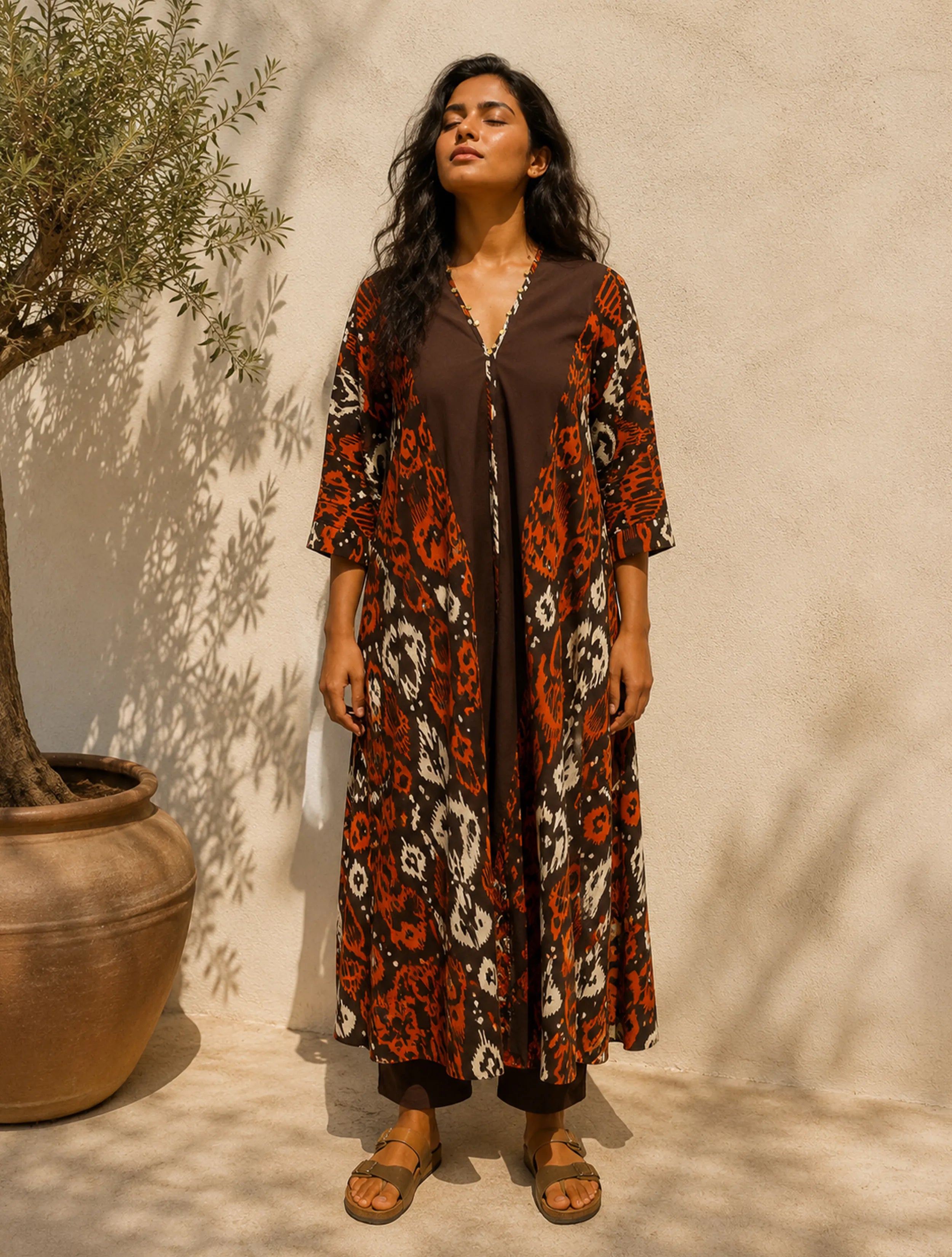 trueBrowns Cola Orange Ikat Print Cotton Kaftan Kurta Set