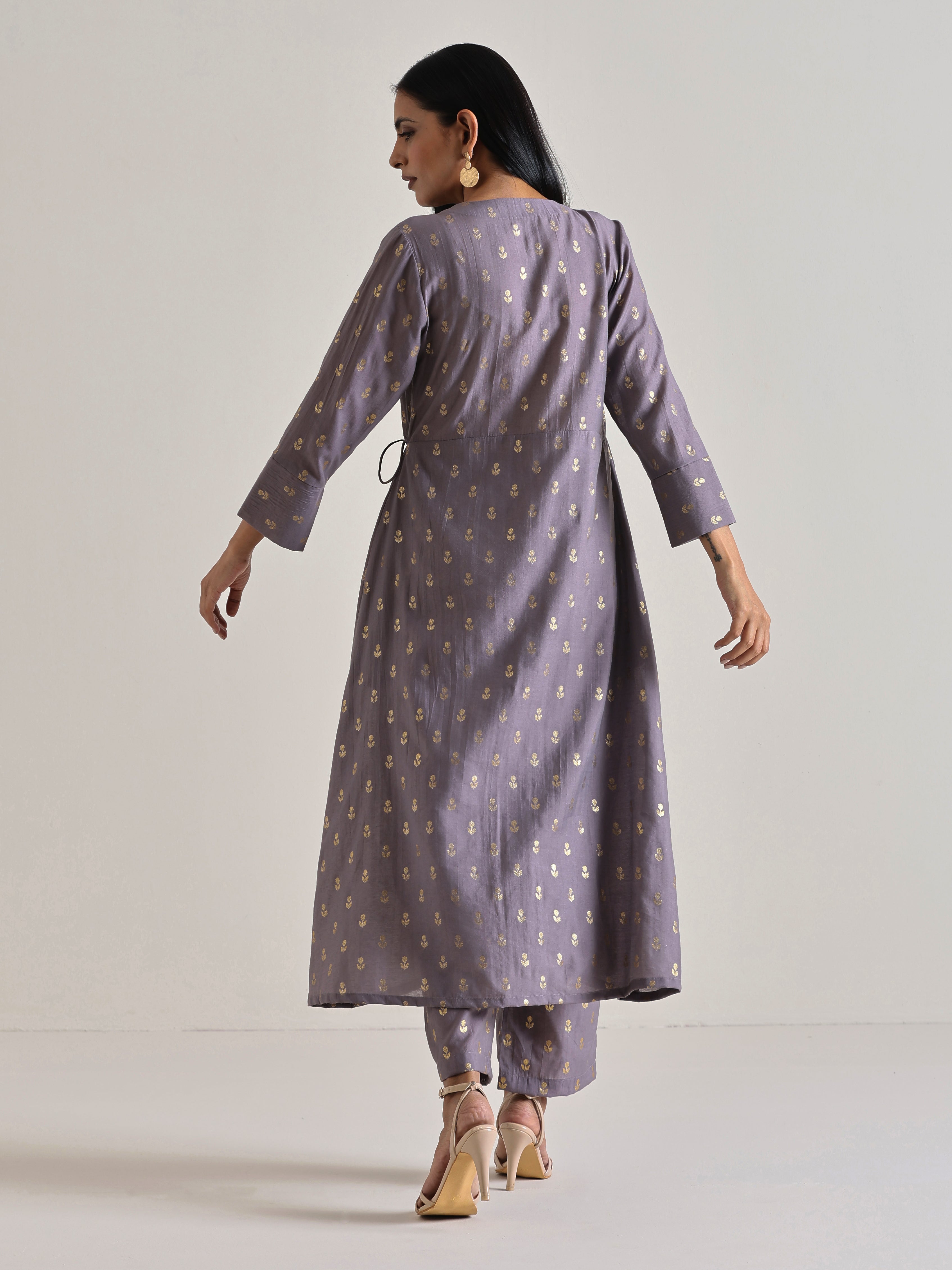 Plum Grey Foil Angrakha Kurta Set