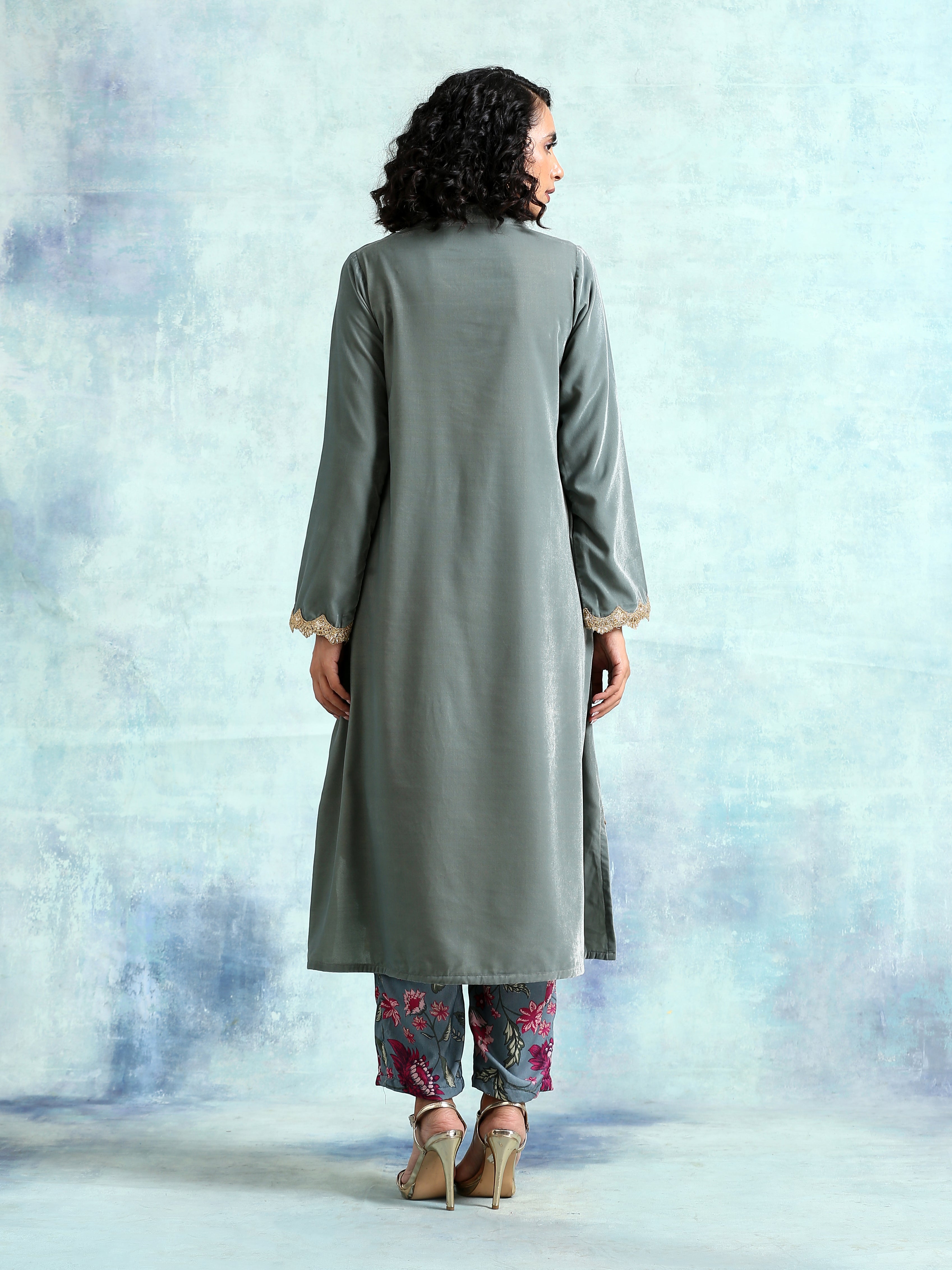 Grey Velvet Lace Kurta Pant Set