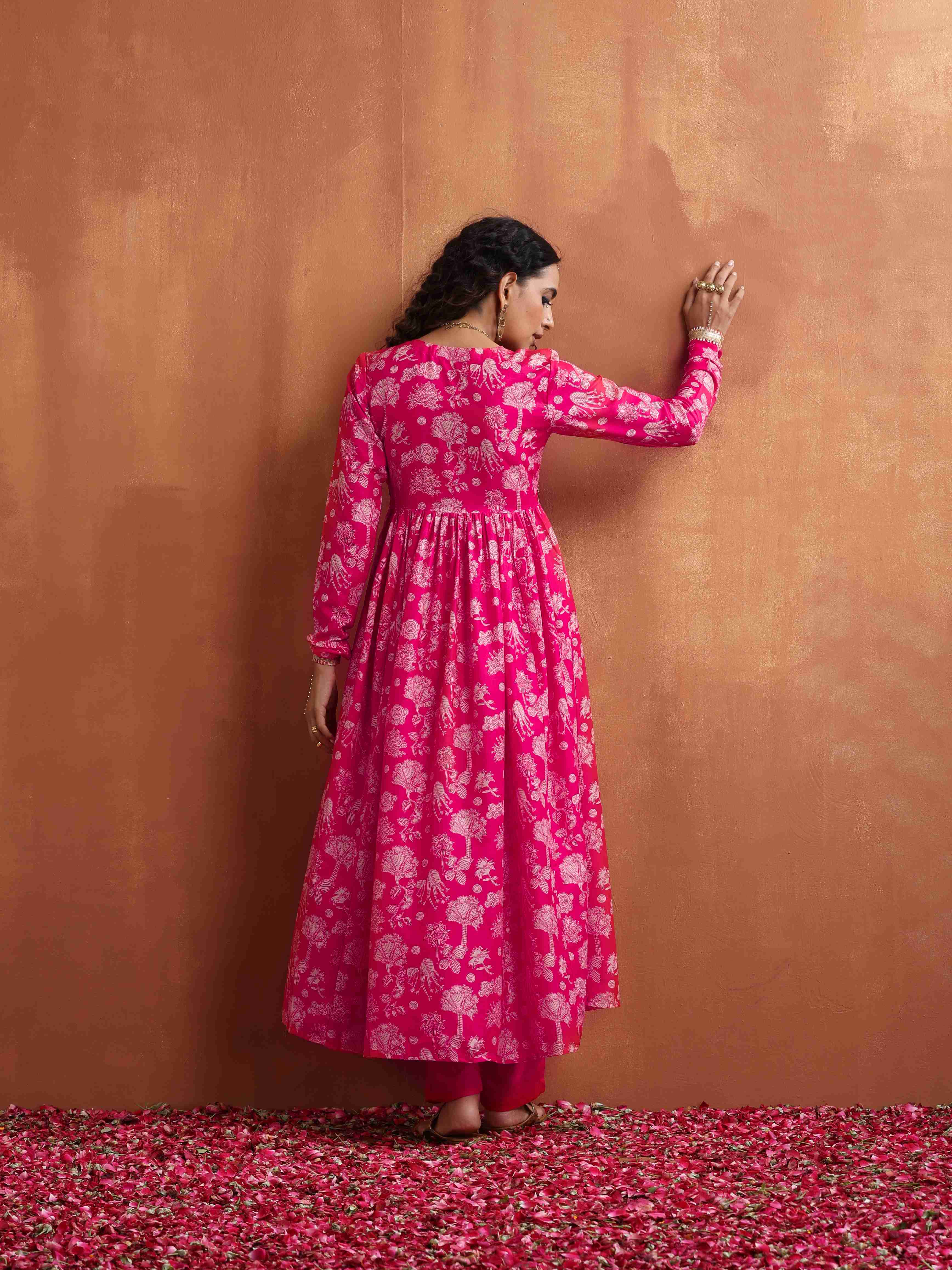 trueBrowns Red Print Flared Anarkali Kurta Set