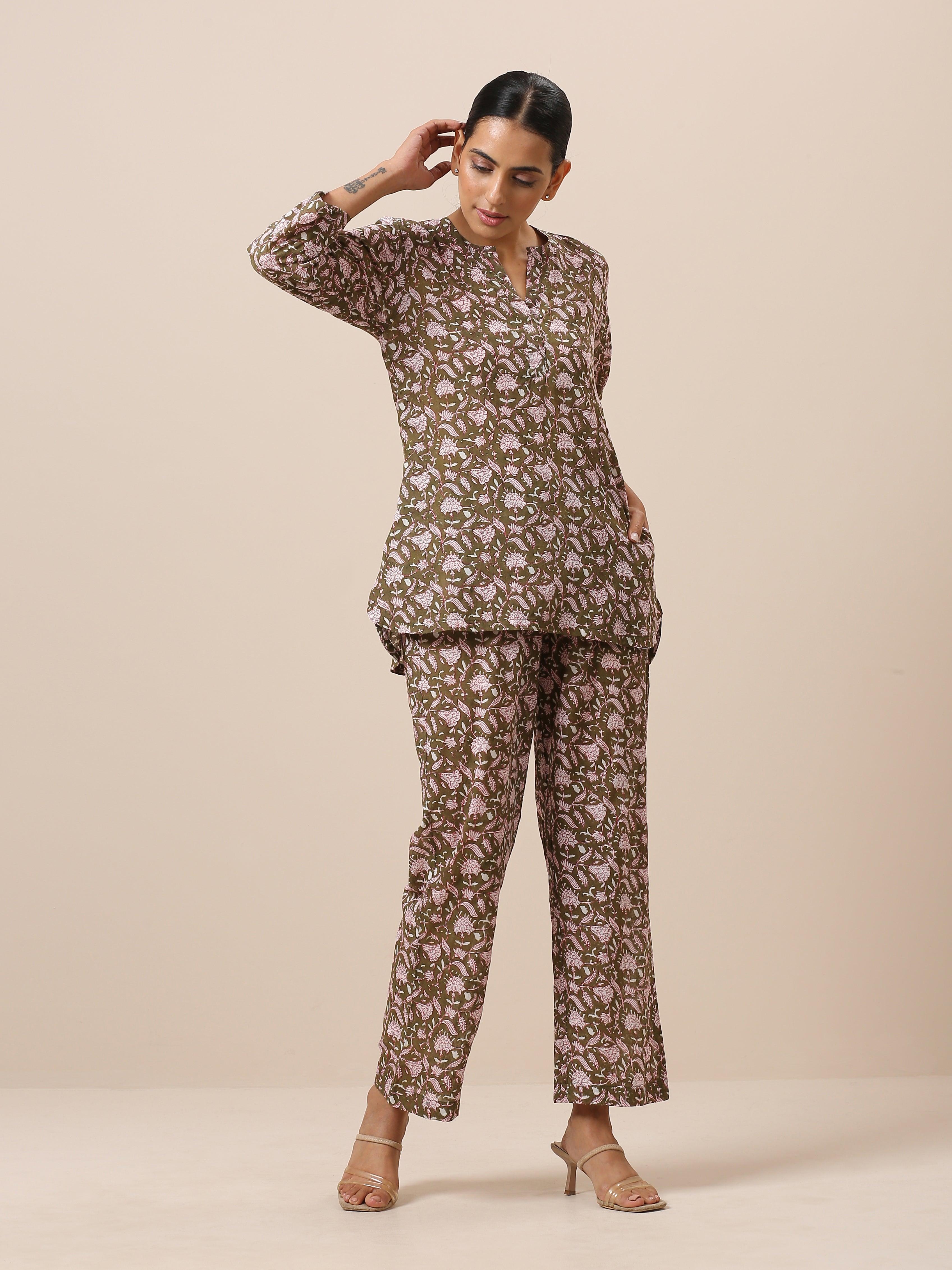 Cotton Hand Block Printed Olive Green Co-Ord Set - trueBrowns