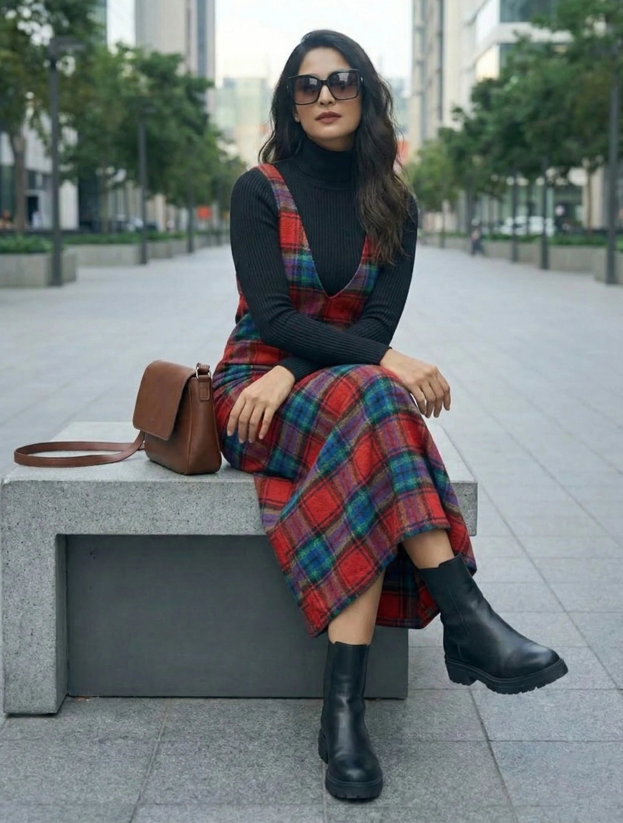 trueBrowns Red Blue Check Sleeveless A-Line Woollen Dress