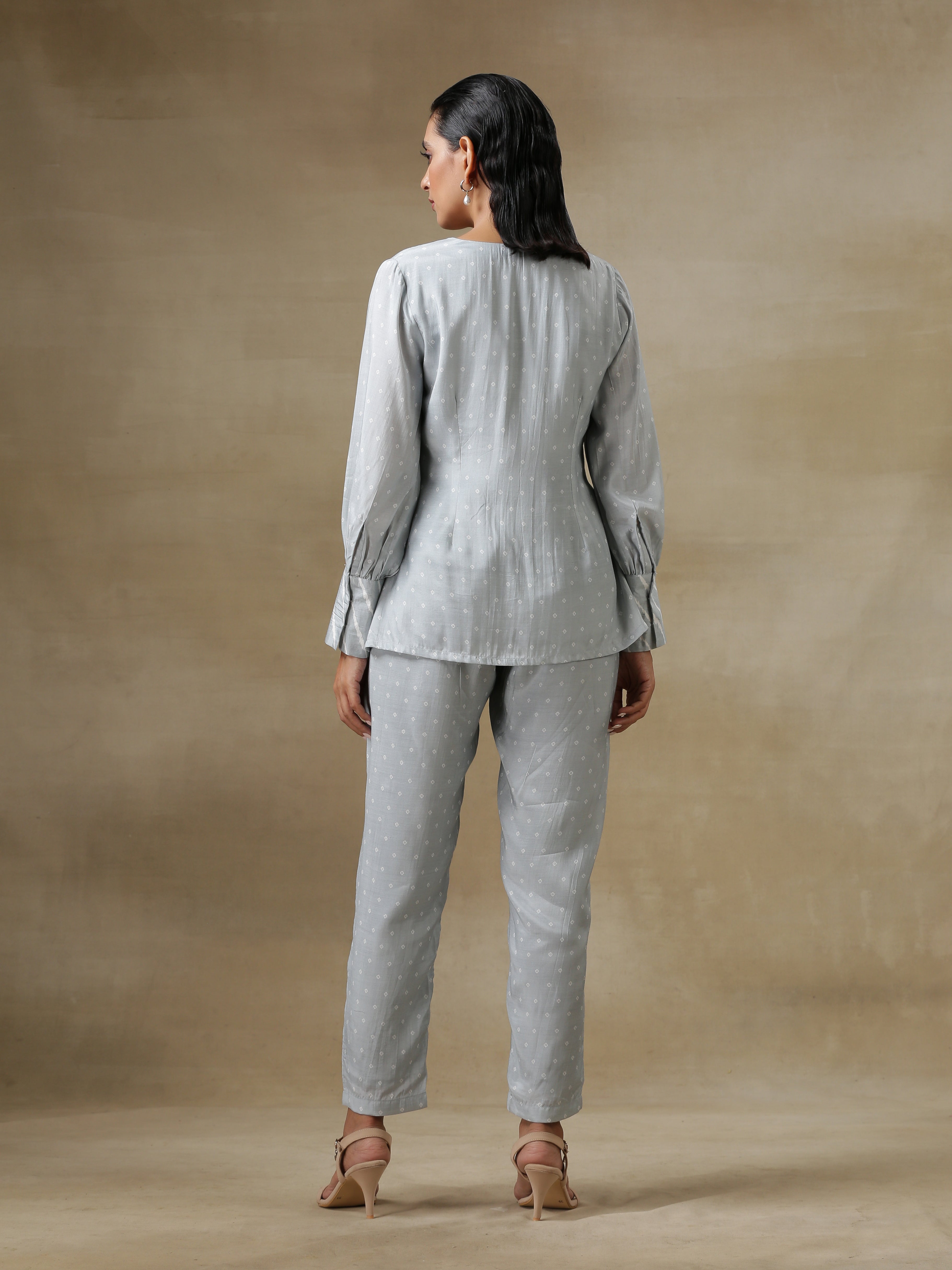 Grey Bandhani Printed Silk Front Open Short Co-Ord Set