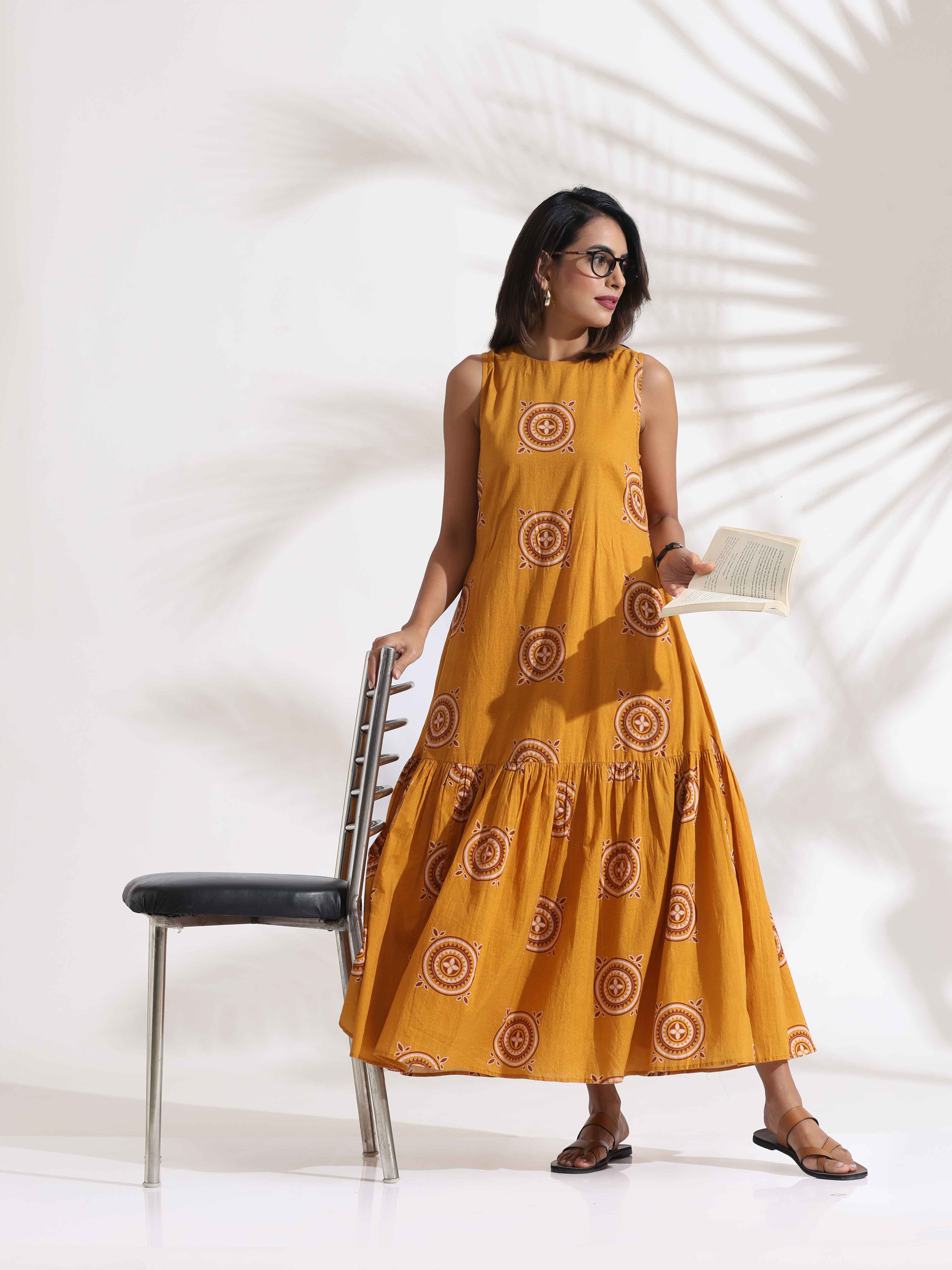 trueBrowns Mustard Cotton Print Tier Dress
