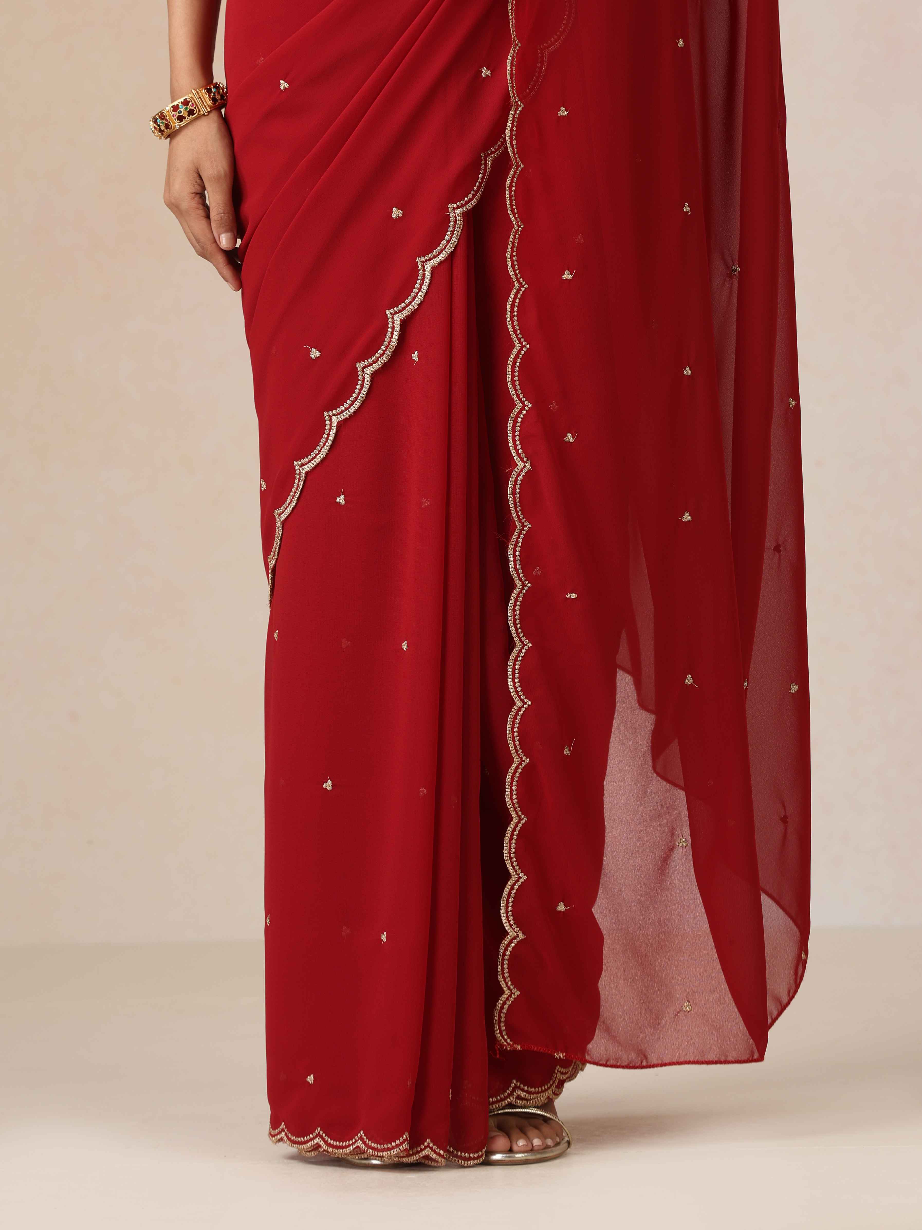 trueBrowns Maroon Georgette Embroidered Saree With unstitched Blouse