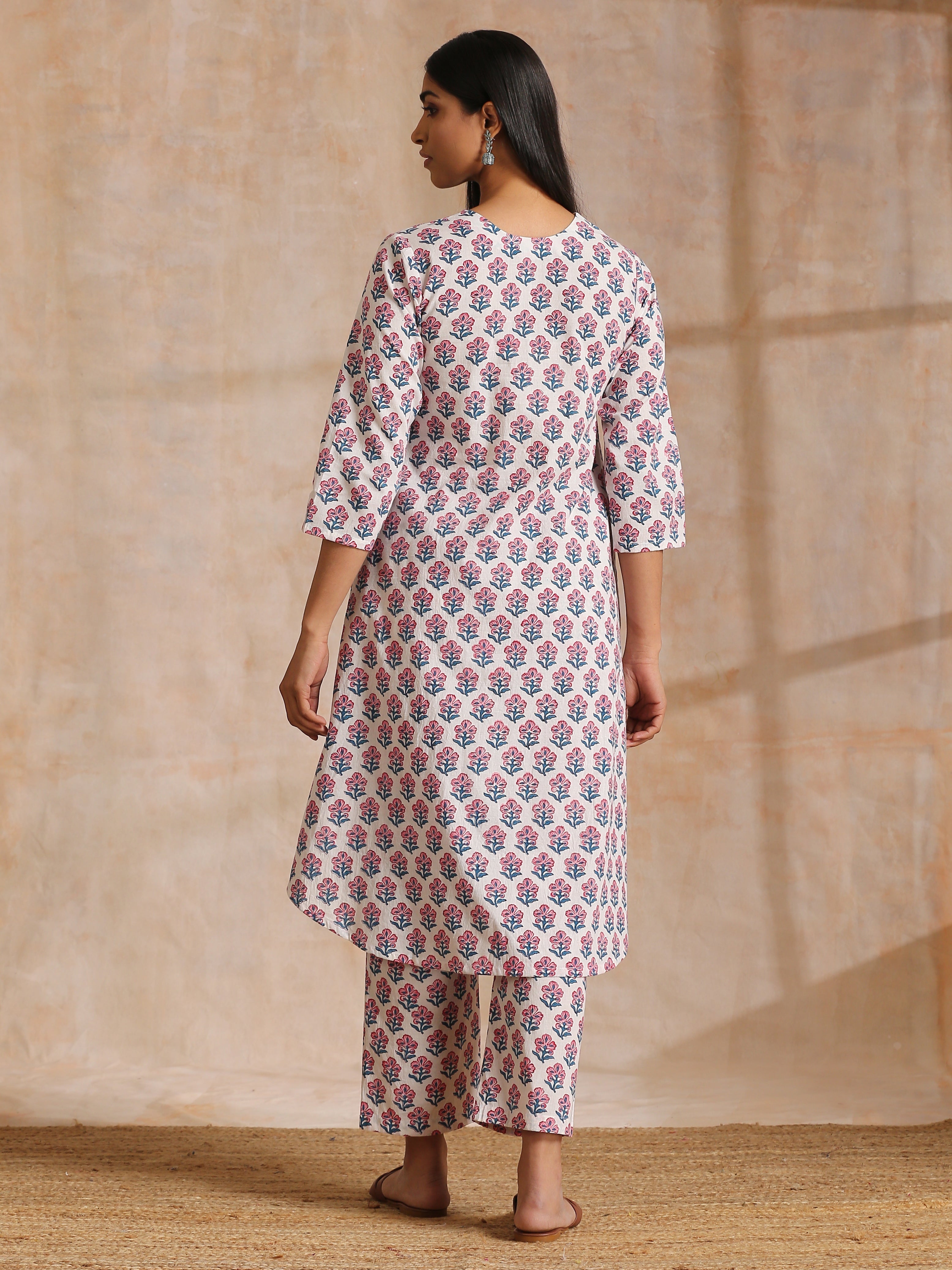White With Pink Blue Floral Block Print Cotton Flared Slit Kurta Pant Set