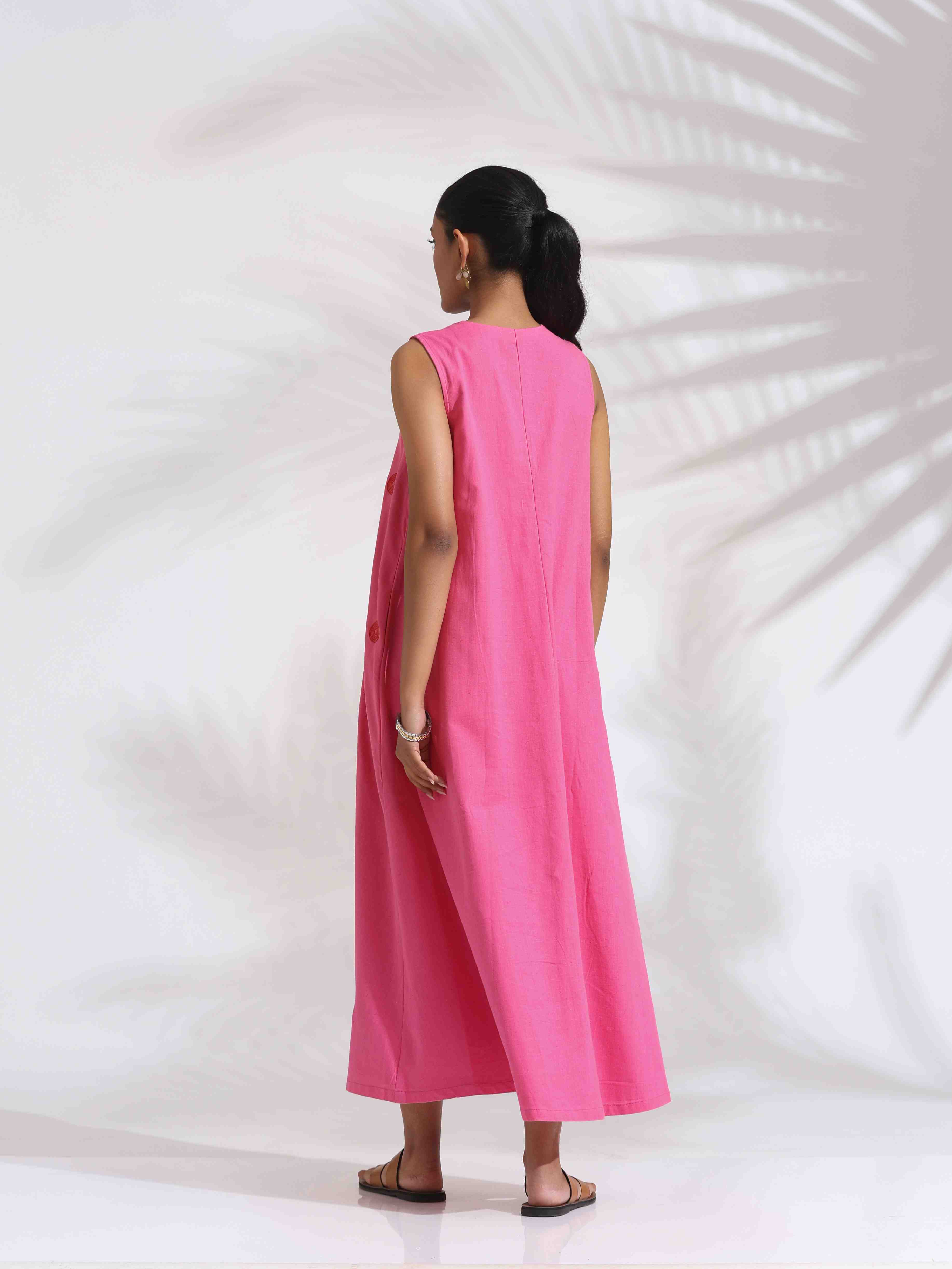 trueBrowns Pink Cotton Embroidered Flared Dress