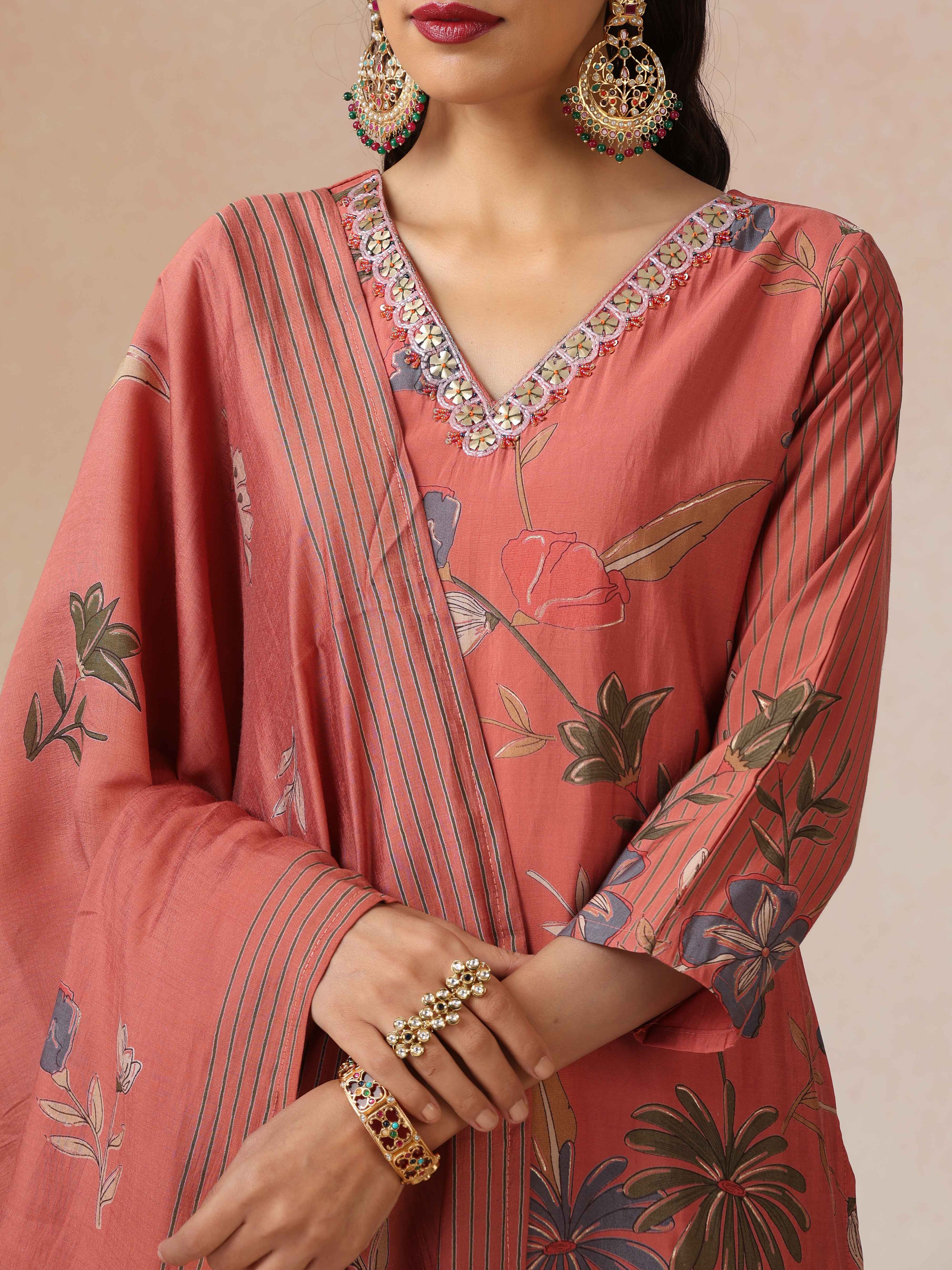 trueBrowns Rust Embroidered Straight Kurta 3pc Set