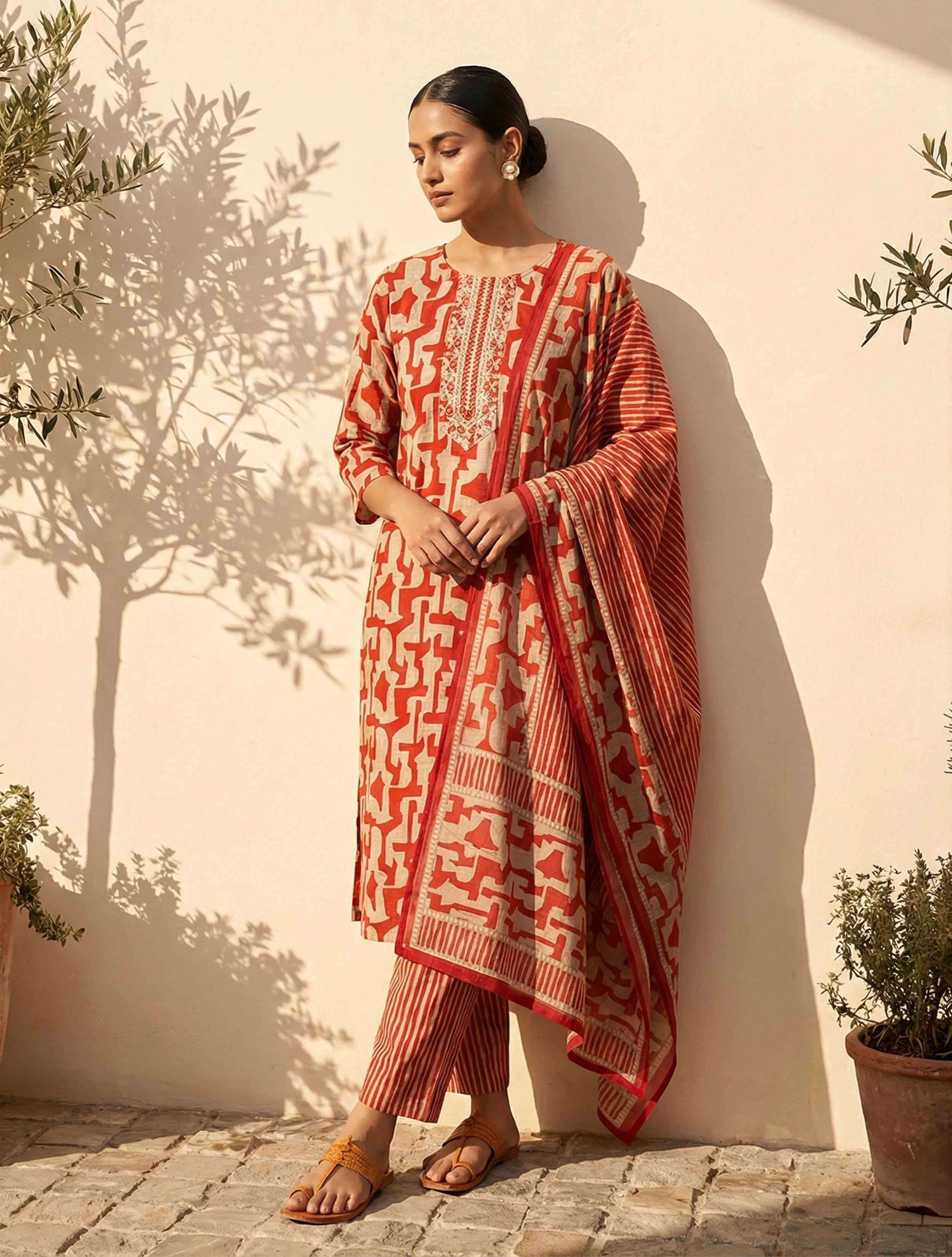 trueBrowns Orange Abstract Print Embroidered Kurta Pant Dupatta Set