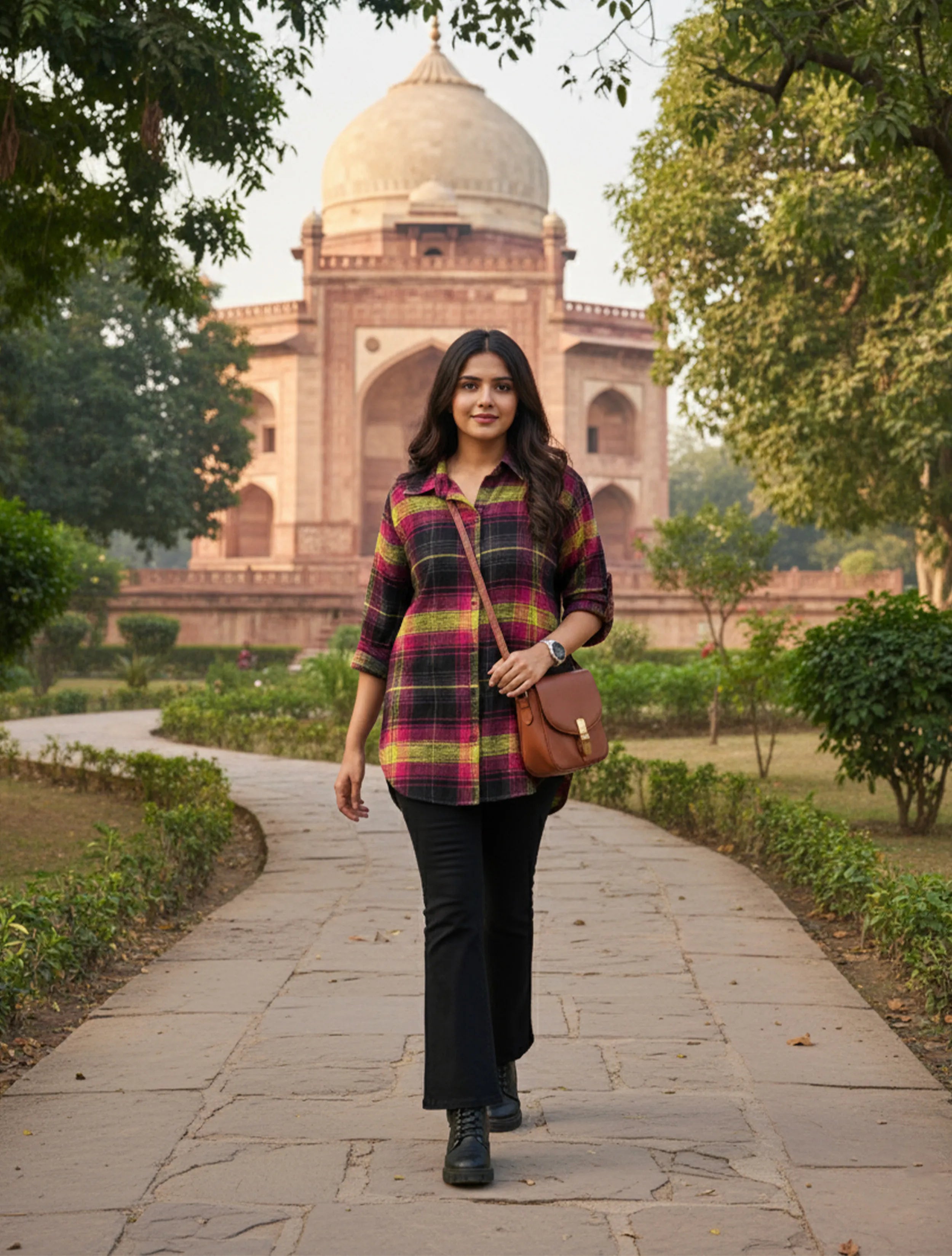 trueBrowns Pink Lime Check Woollen Shirt Top