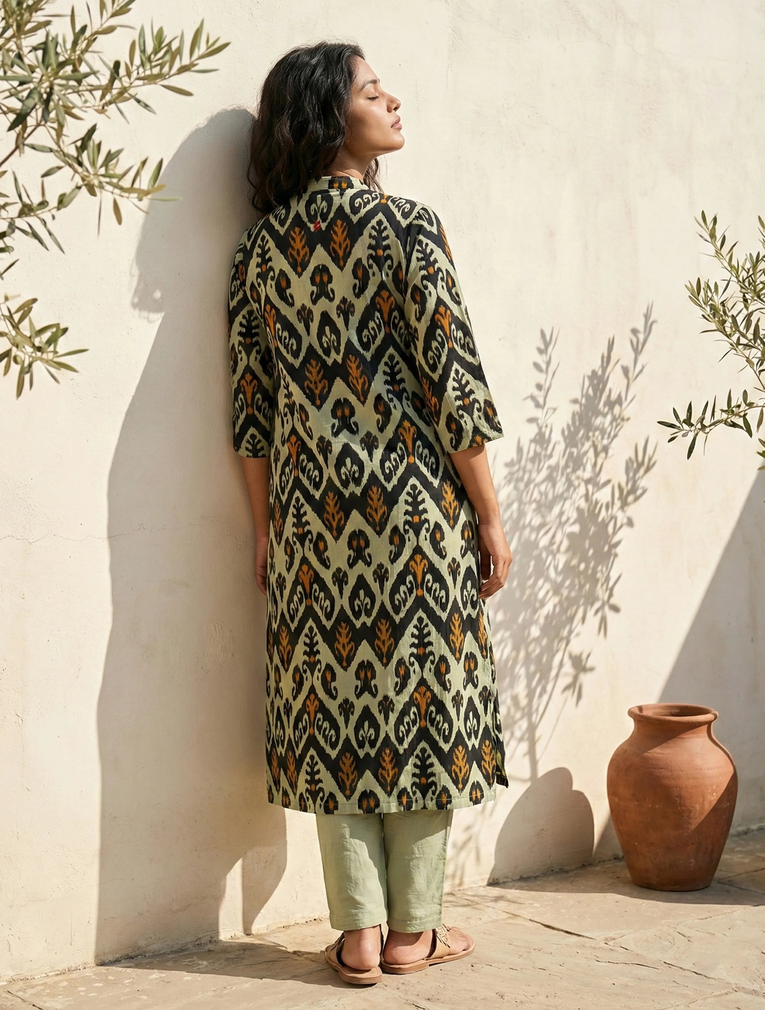 trueBrowns Mint Green Ikat Print Cotton Kurta Set
