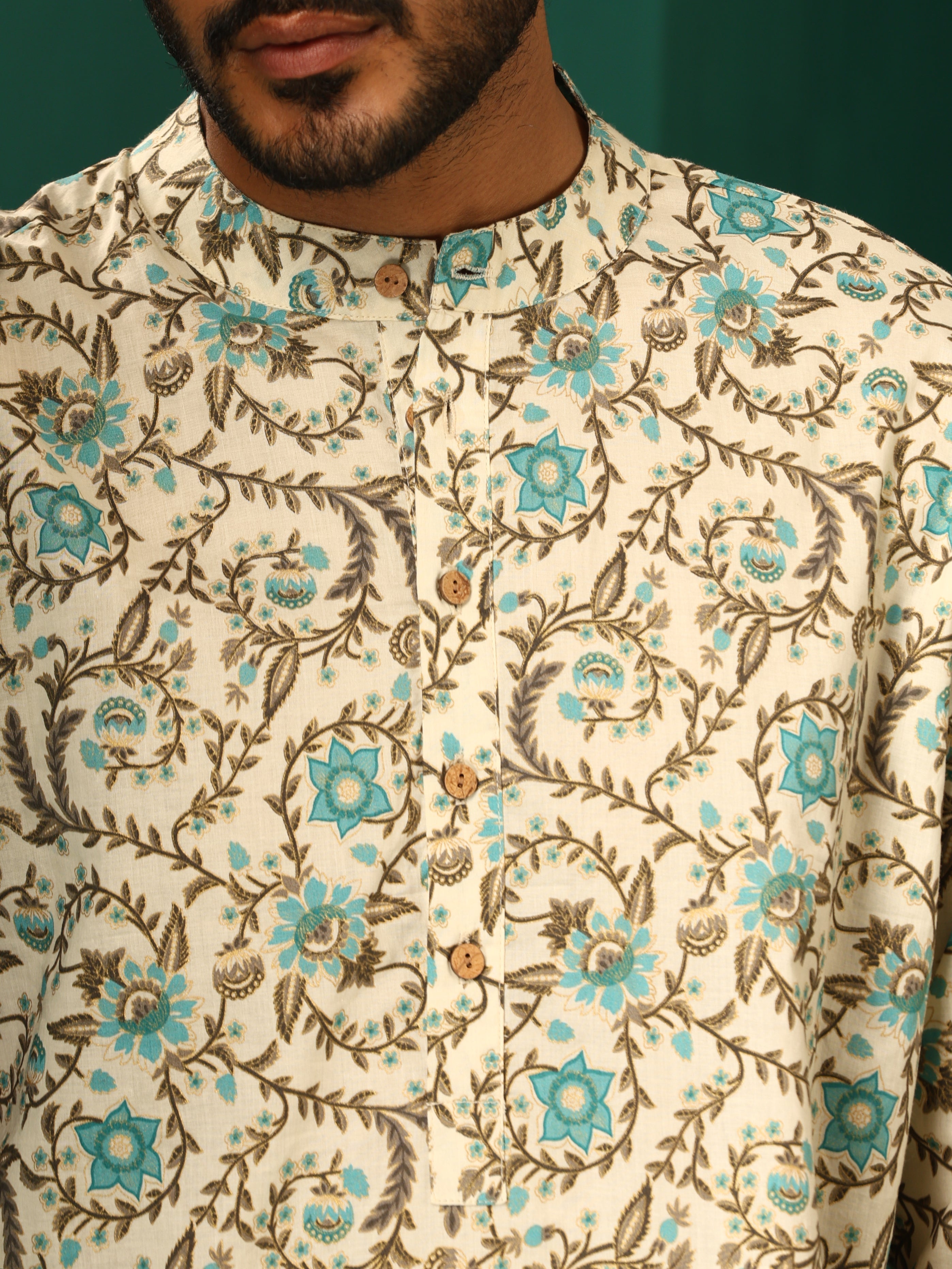 trueBrowns Men Teal Floral Cotton Printed Co-ord Set