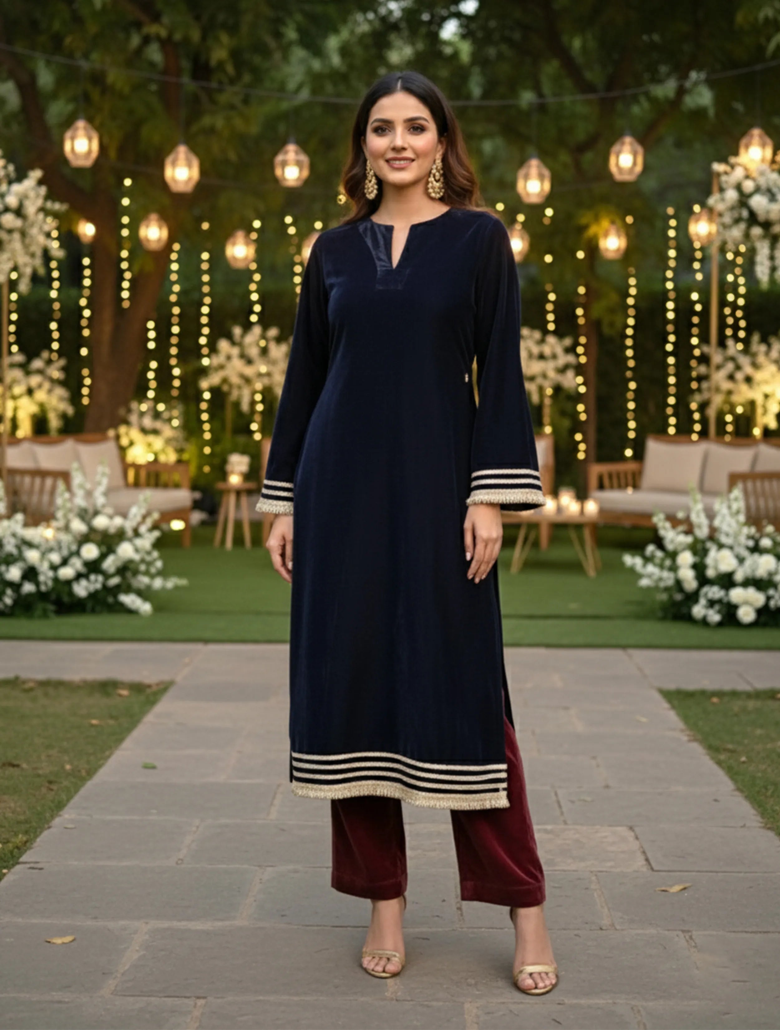 trueBrowns Navy High Slit Velvet Kurta