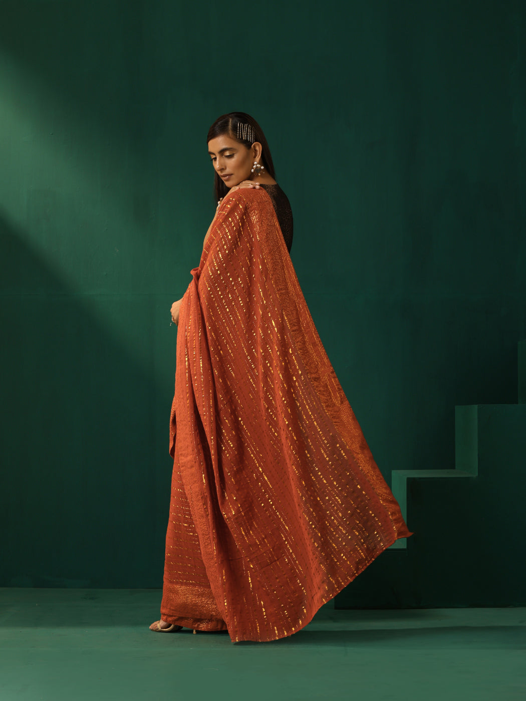 trueBrowns Rust Cotton Gold Striped Saree With Unstitched Blouse