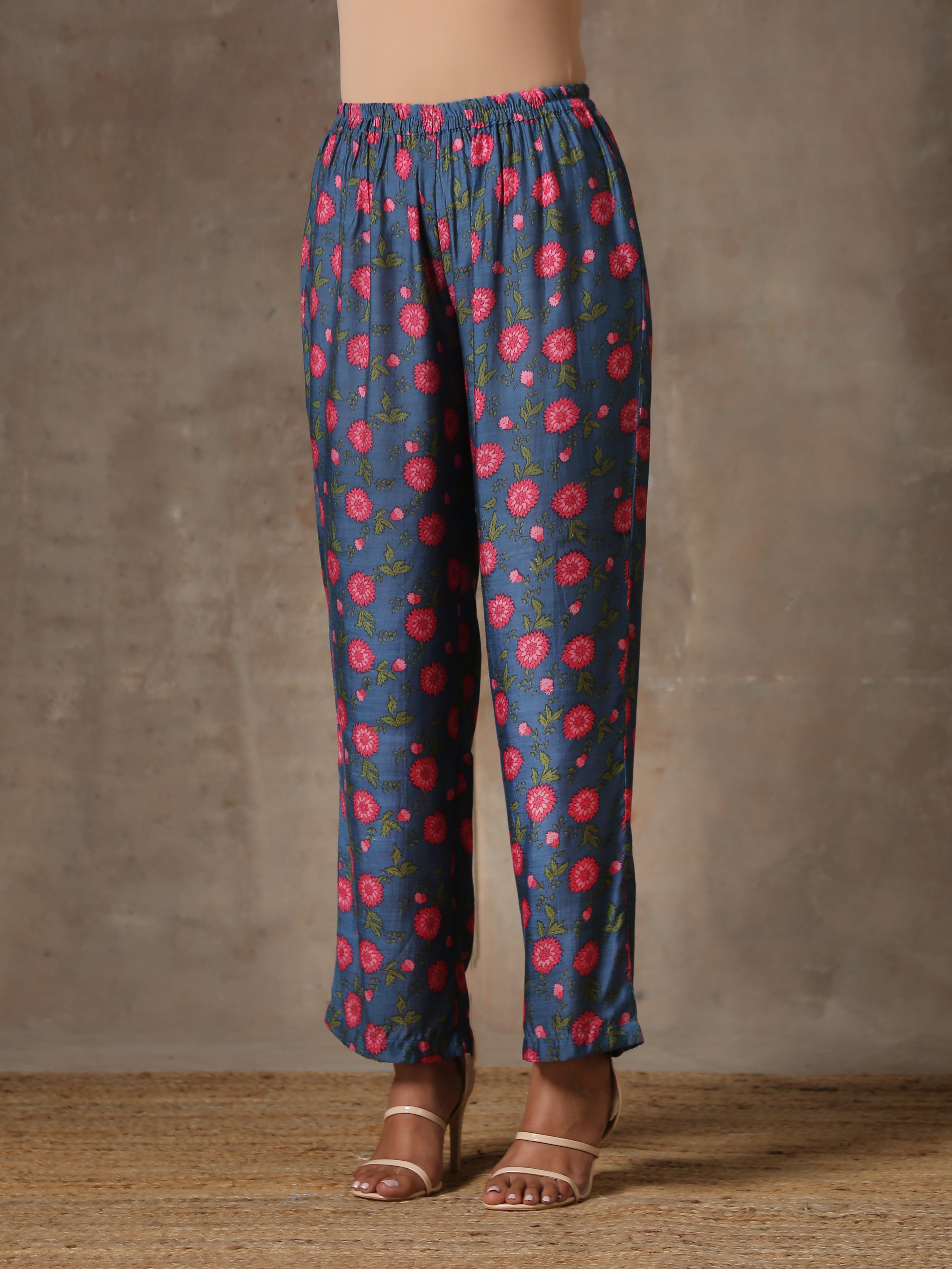 Blue Pink Printed Silk Co-Ord Set