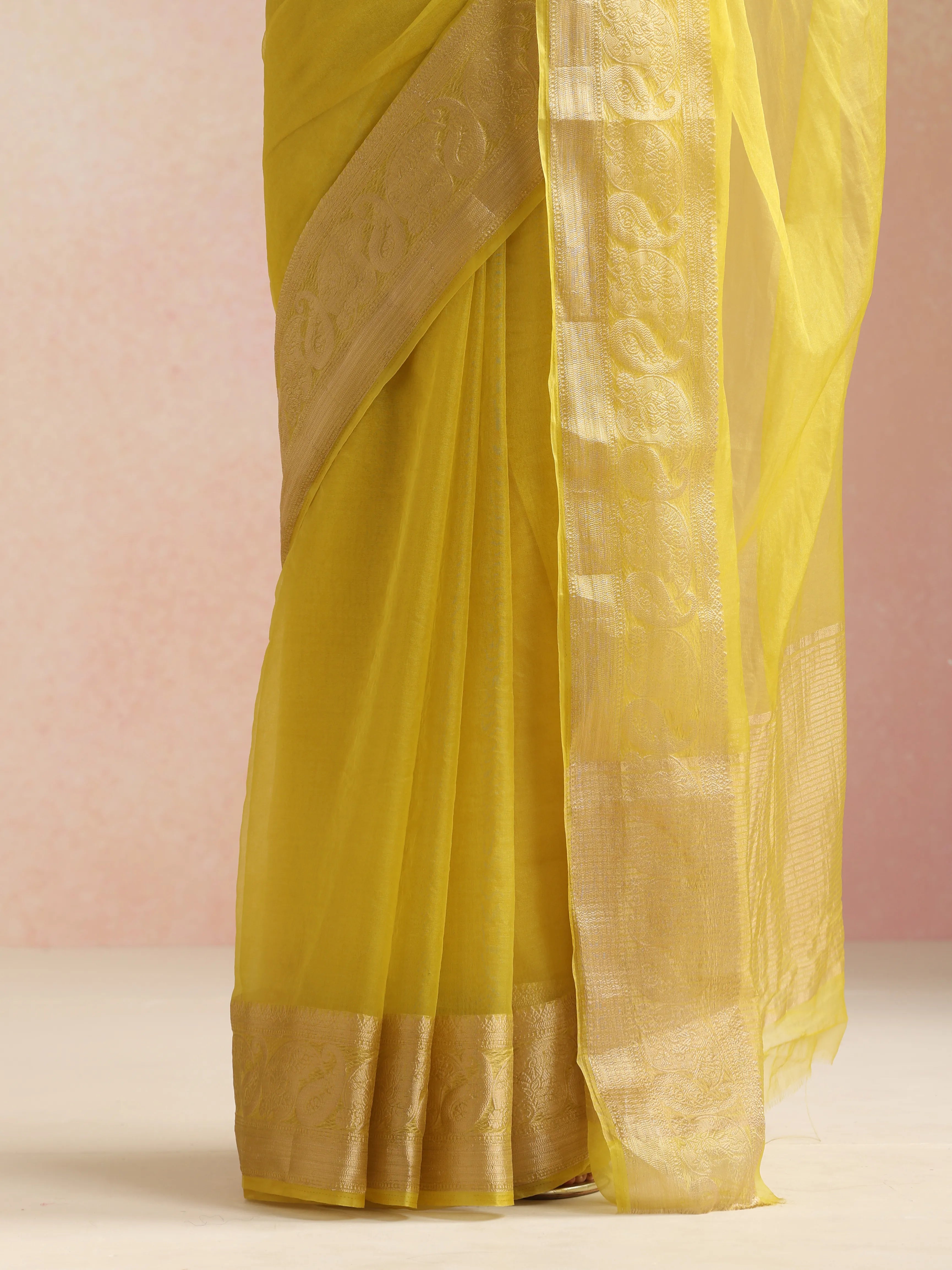 trueBrowns Lime Organza Saree With Unstitched Blouse