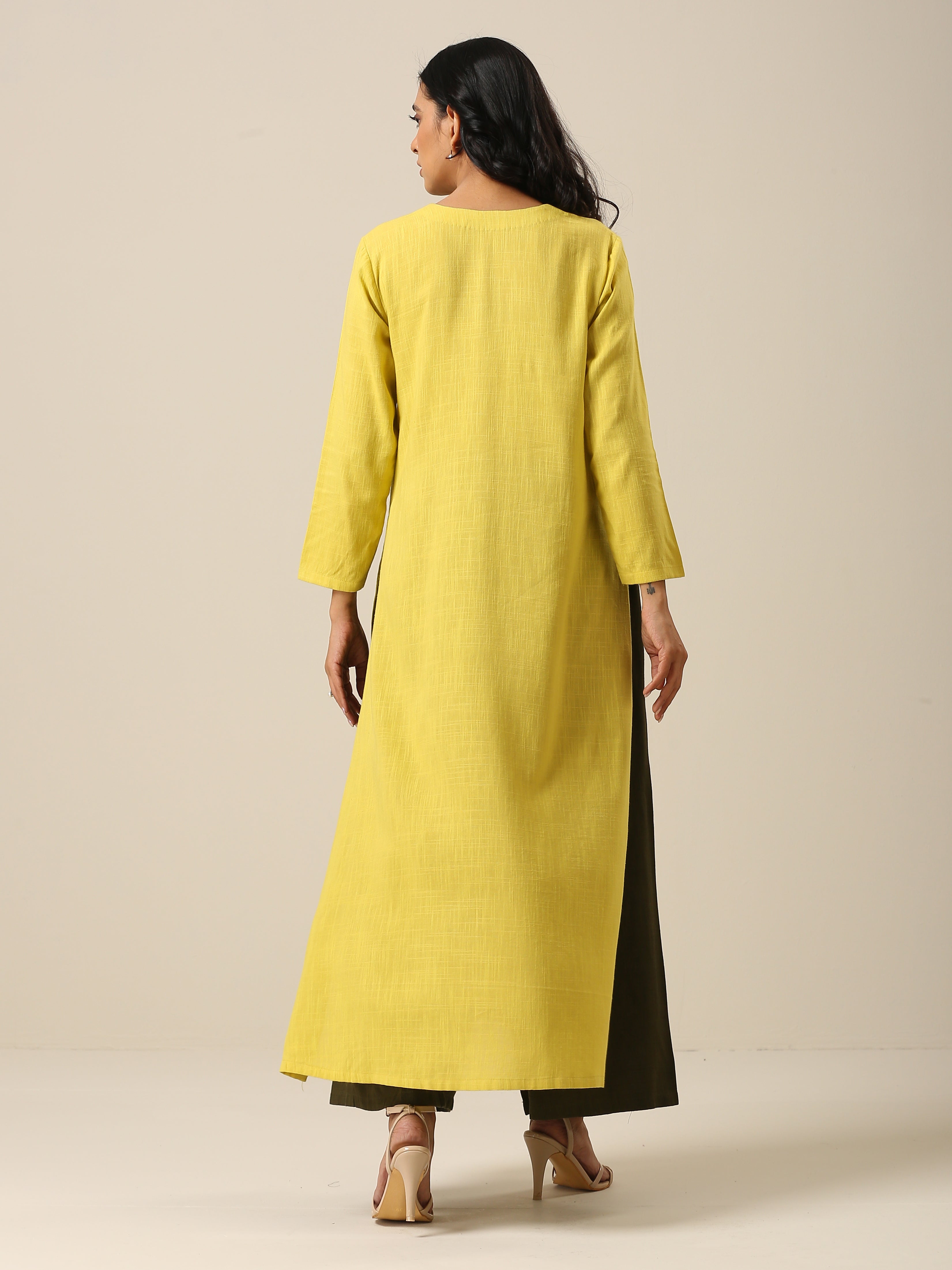 Lime Slub Texture Slit Kurta Palazzo Set