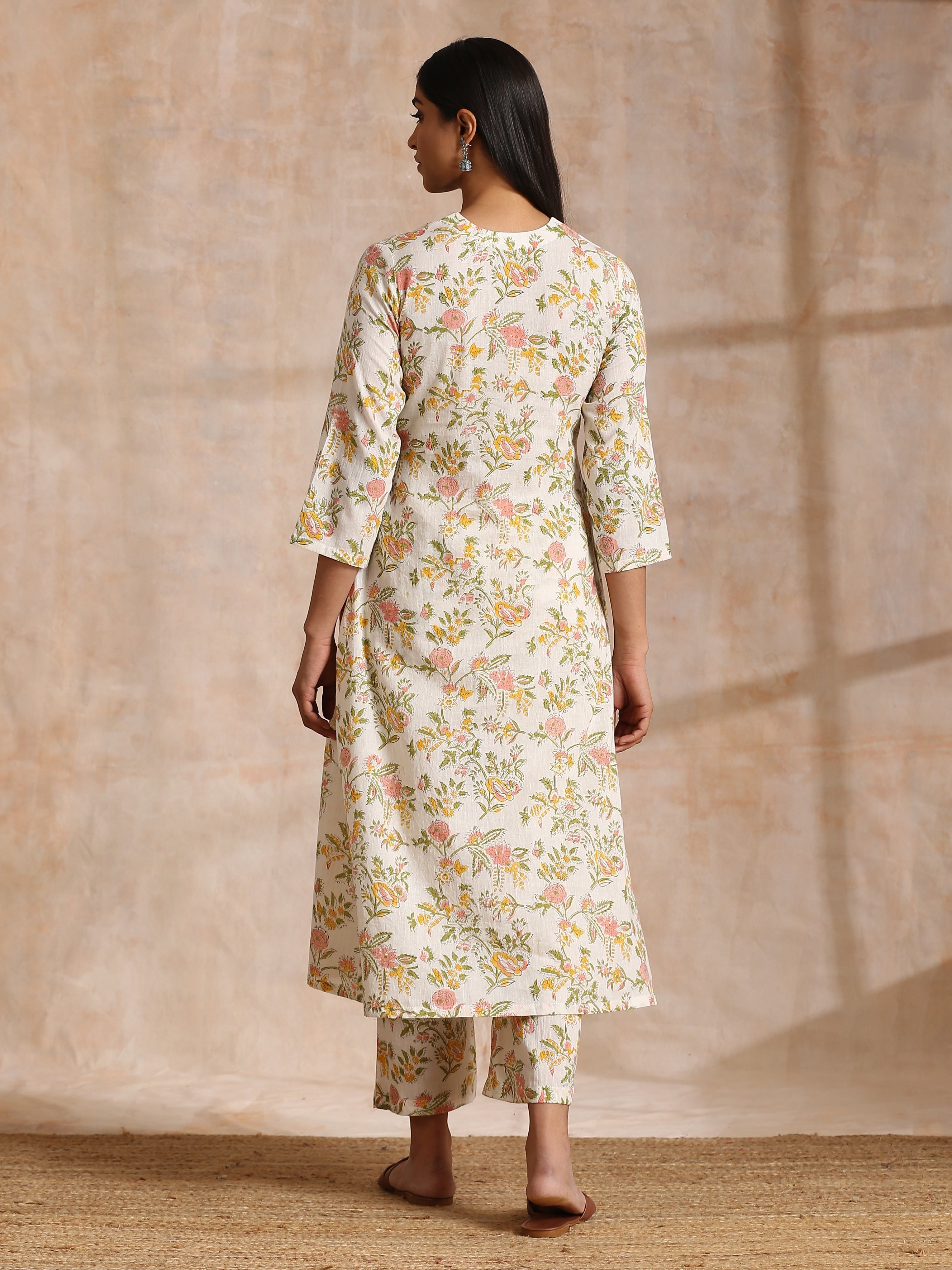 White Multi Color Overall Block Print Cotton Kurta Pant Set