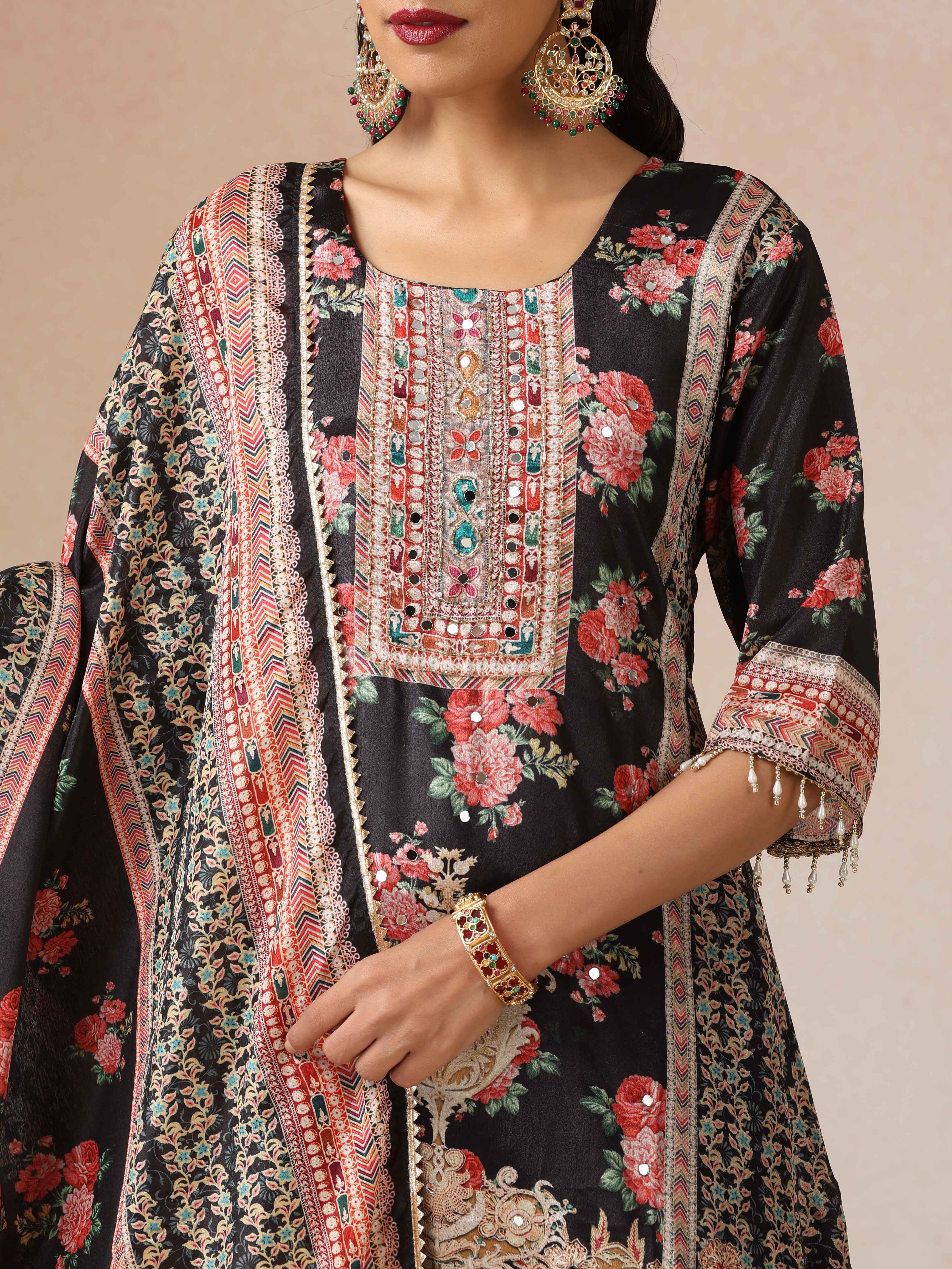 trueBrowns Black Print A-Line Kurta 3pc Set