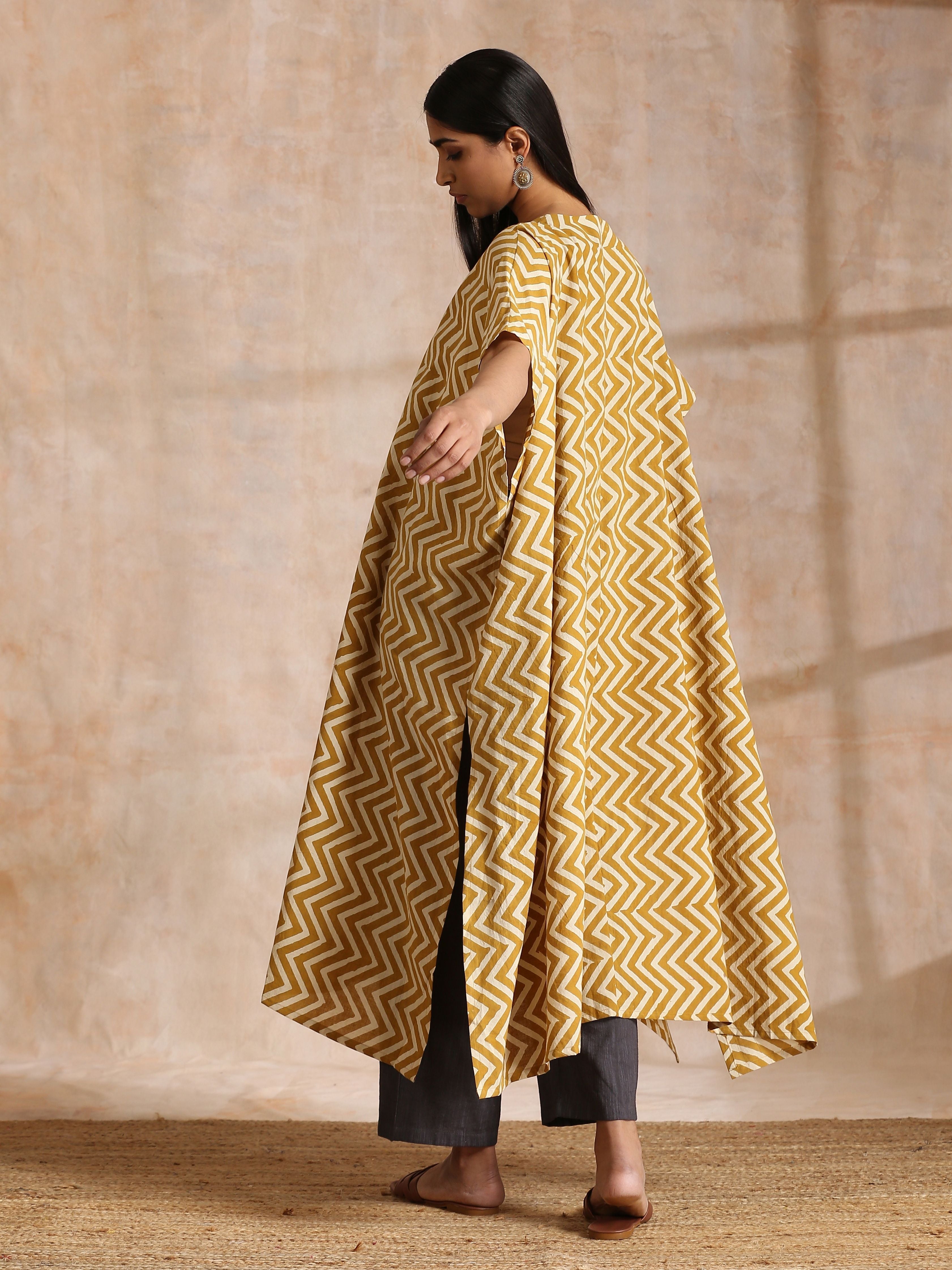 Mustard Dabu Zig-Zag Lines Print Cotton Panel Kaftan Kurta Pant Set