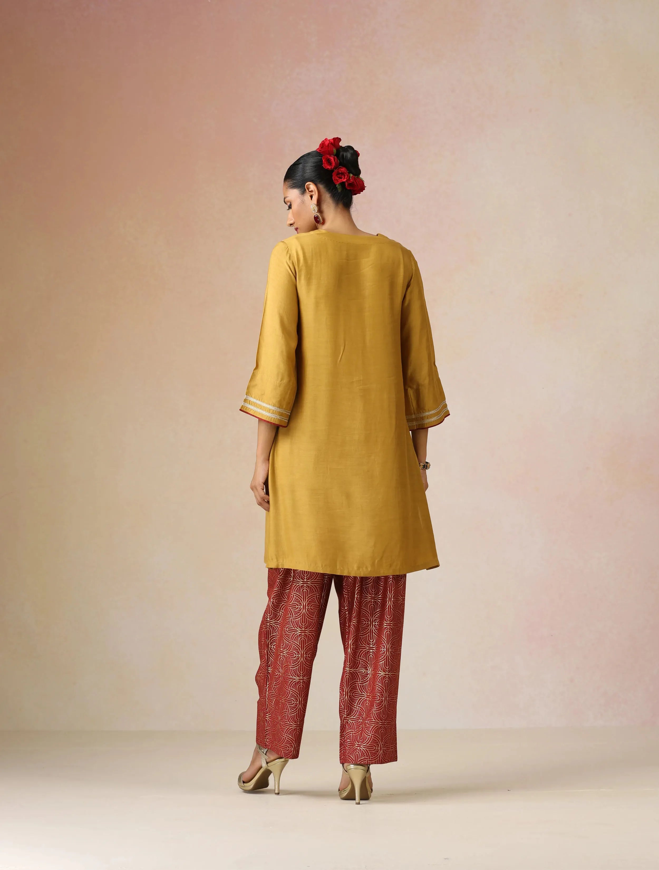 trueBrowns Mustard Gold Foil Print Muslin Silk Kurta Farsi Pants Set