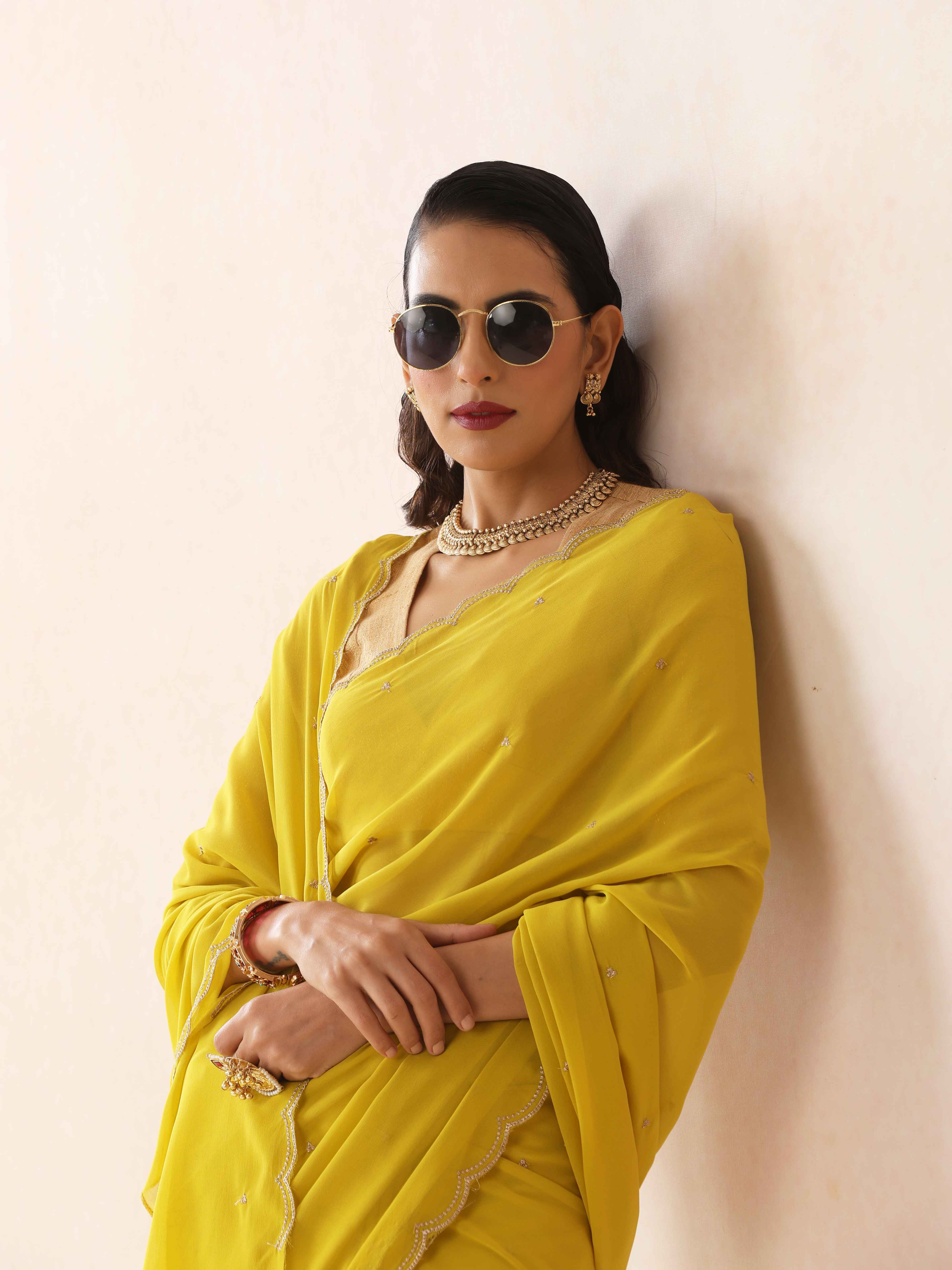 trueBrowns Lime Georgette Embroidered Saree With unstitched Blouse