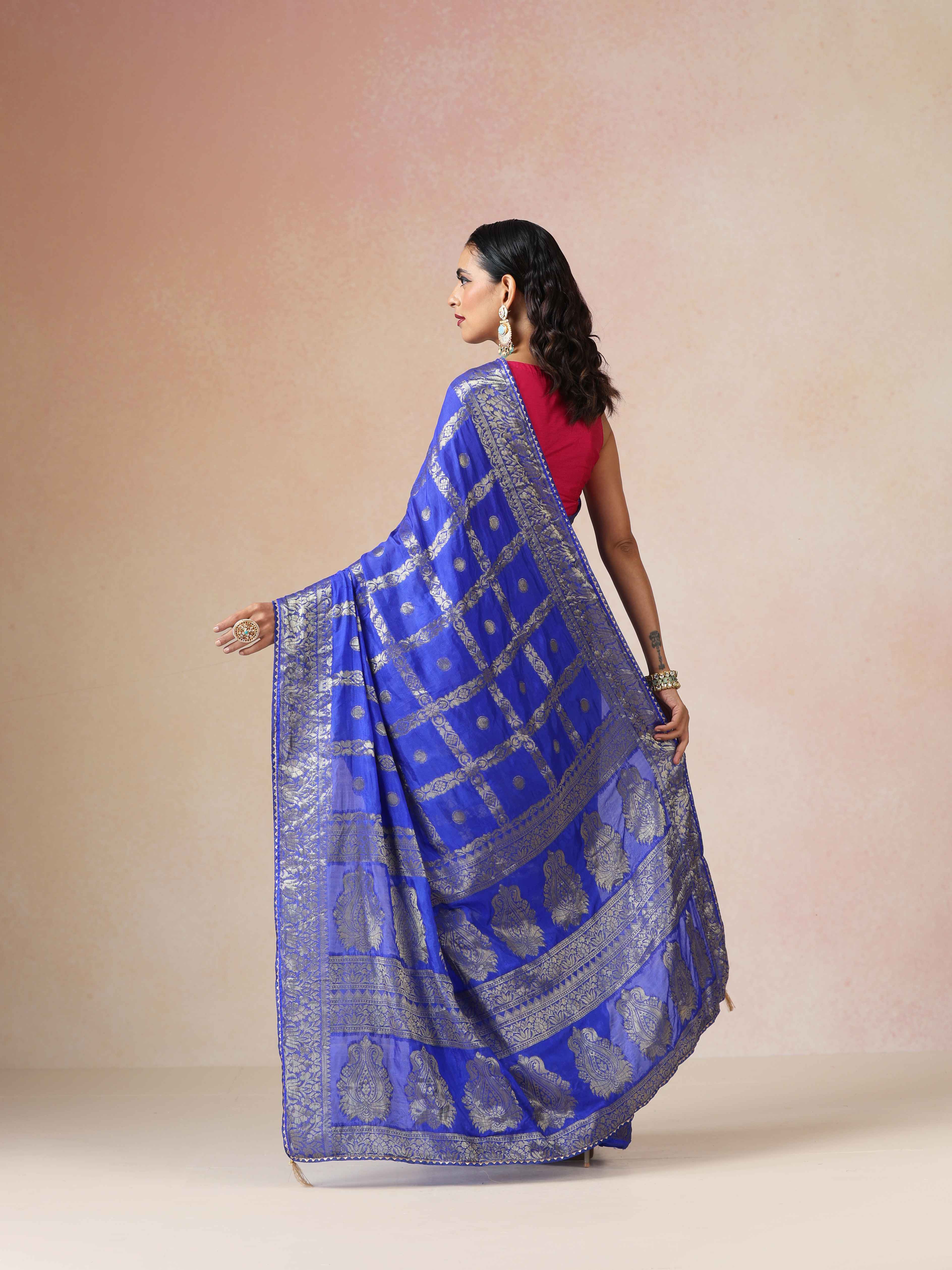 trueBrowns Electric Blue Bandhani Jacquard Saree With Unstitched Blouse