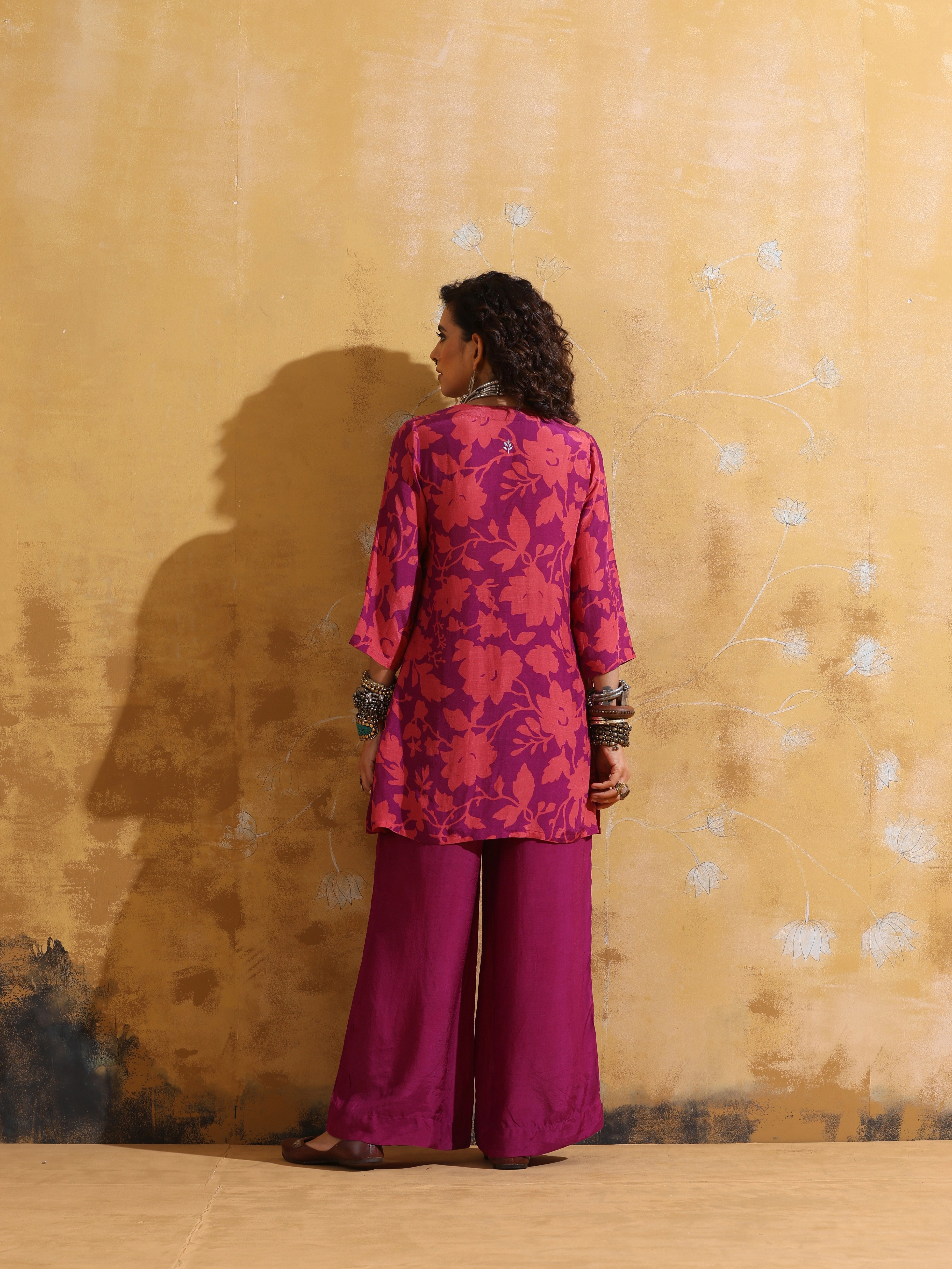 trueBrowns Purple Peach Jaal Print Muslin Silk Flared Pants Co-ord Set