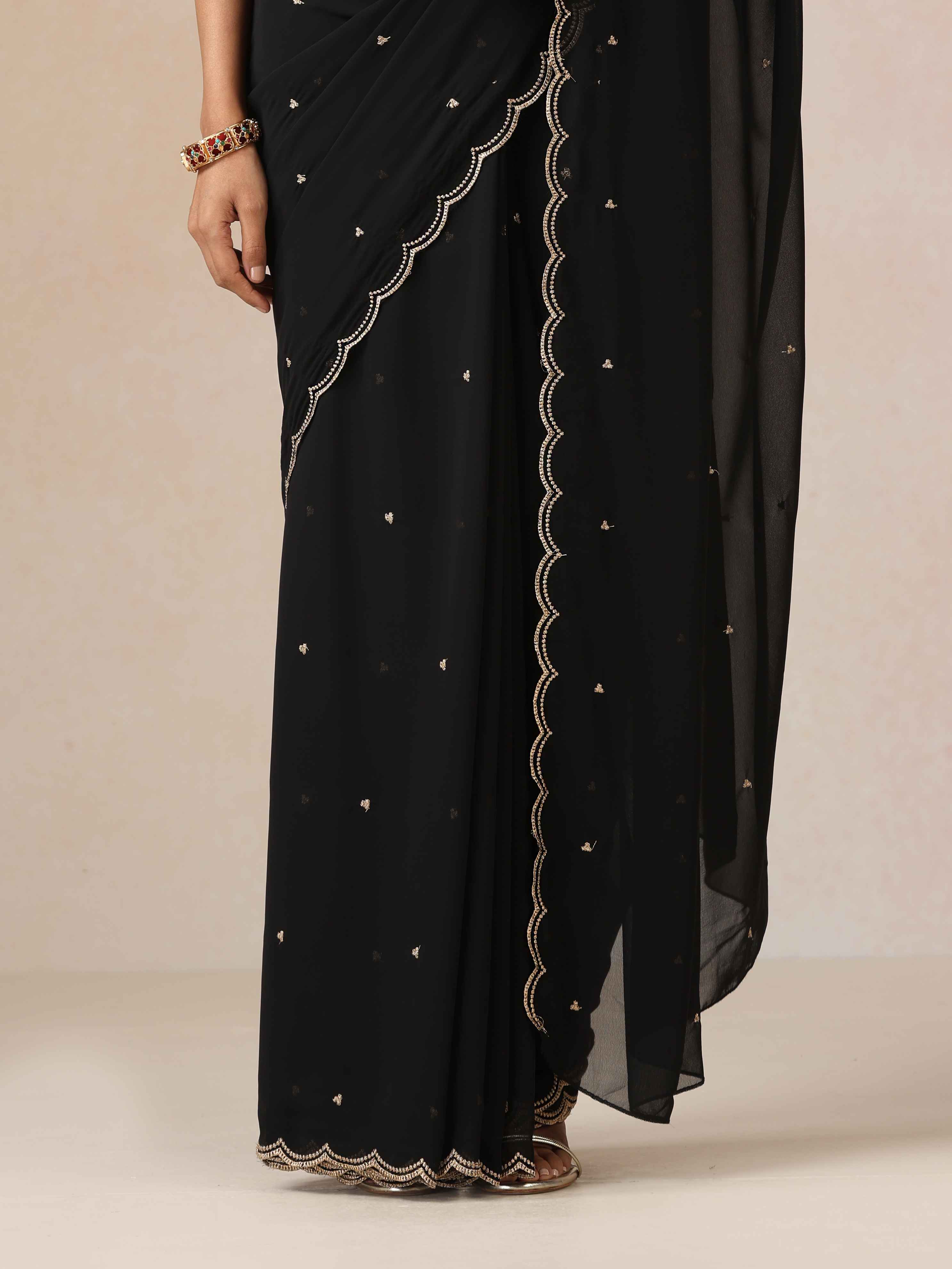 trueBrowns Black Georgette Embroidered Saree With unstitched Blouse