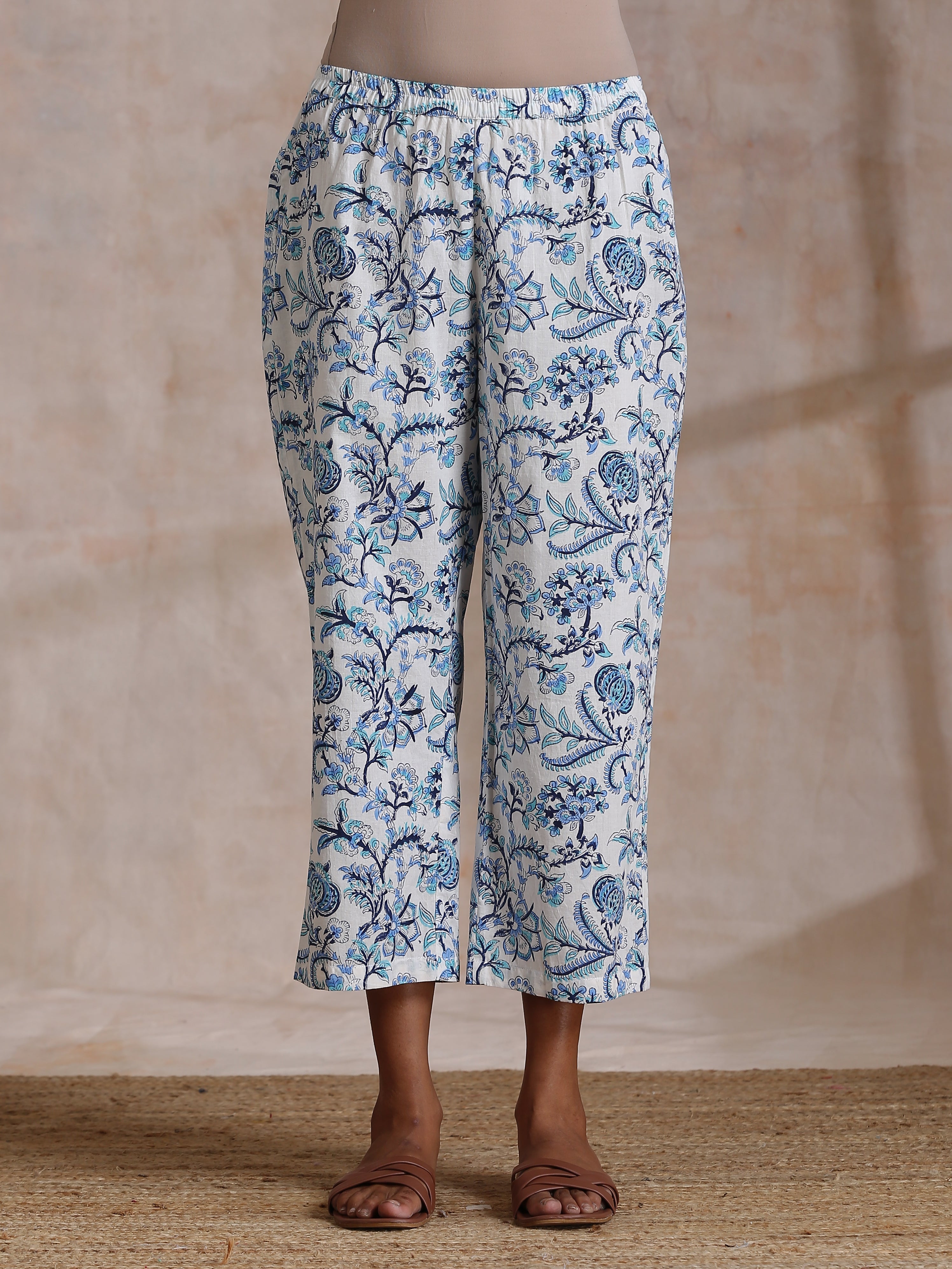 White With Overall Blue Print Cotton Slit Gathered Kurta Set
