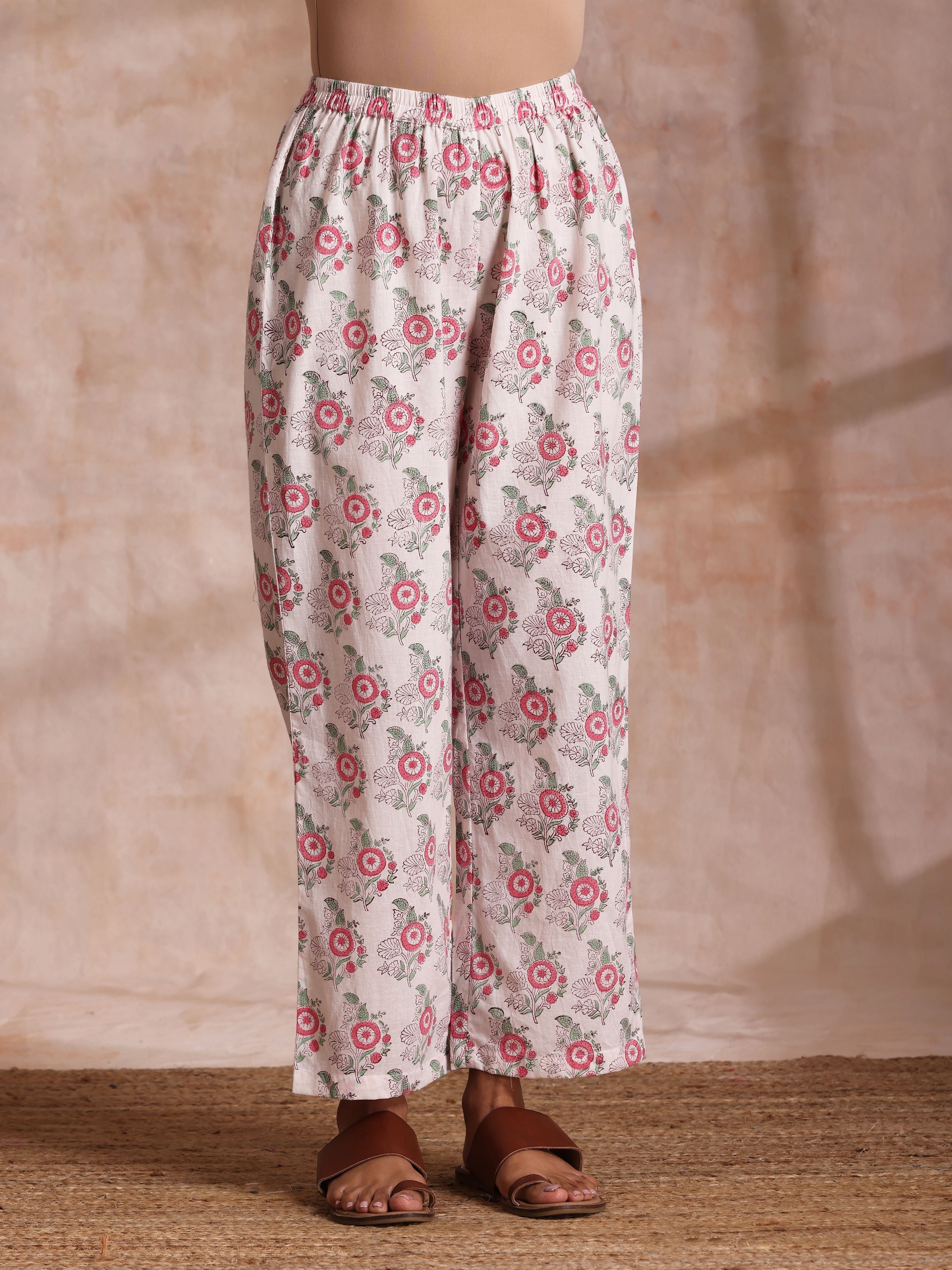 Pink Green Buta On White Block Print Cotton Slit Kurta Pant Set