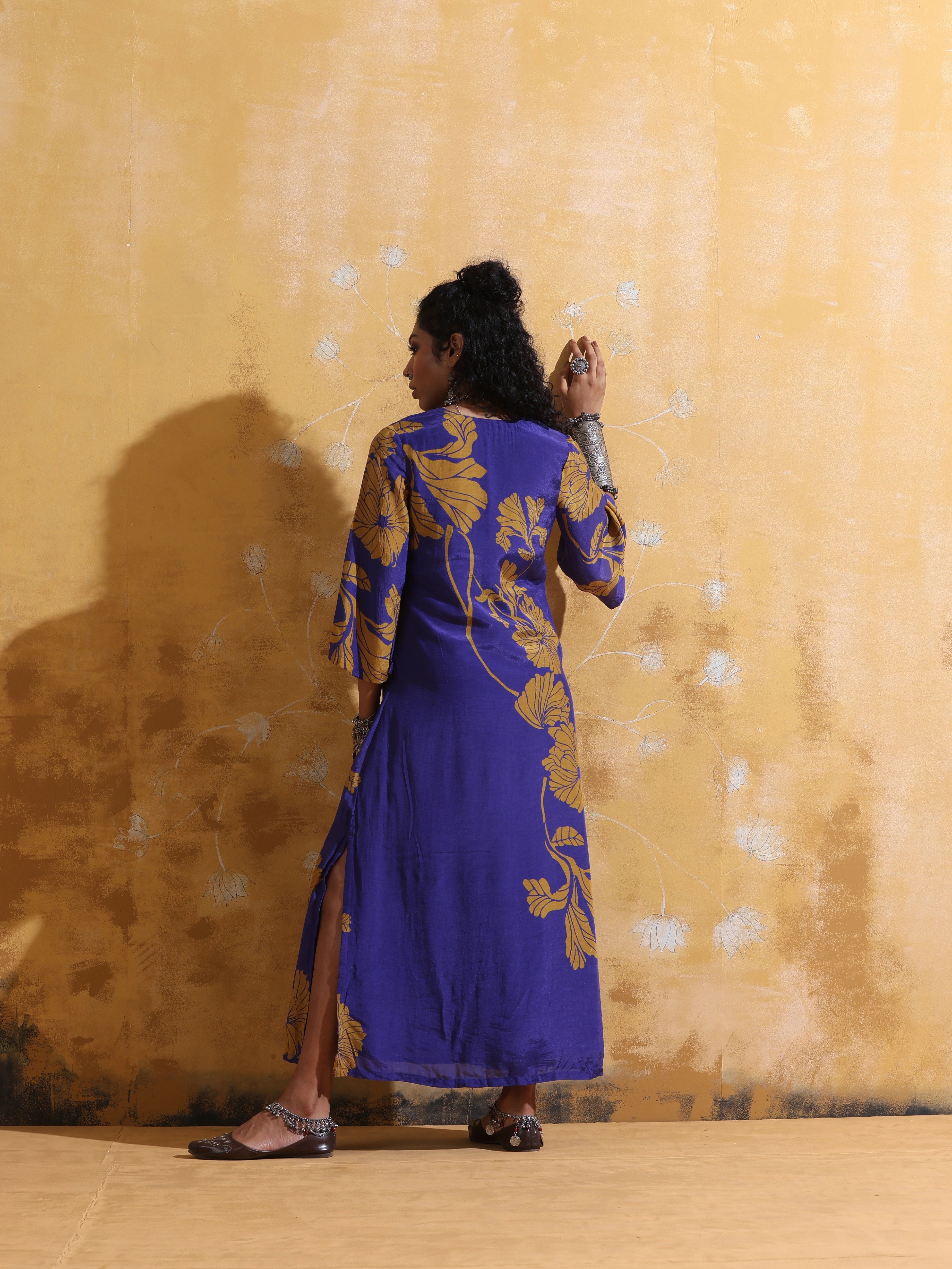 trueBrowns Purple Mustard Floral Print Muslin Silk Straight Maxi Dress