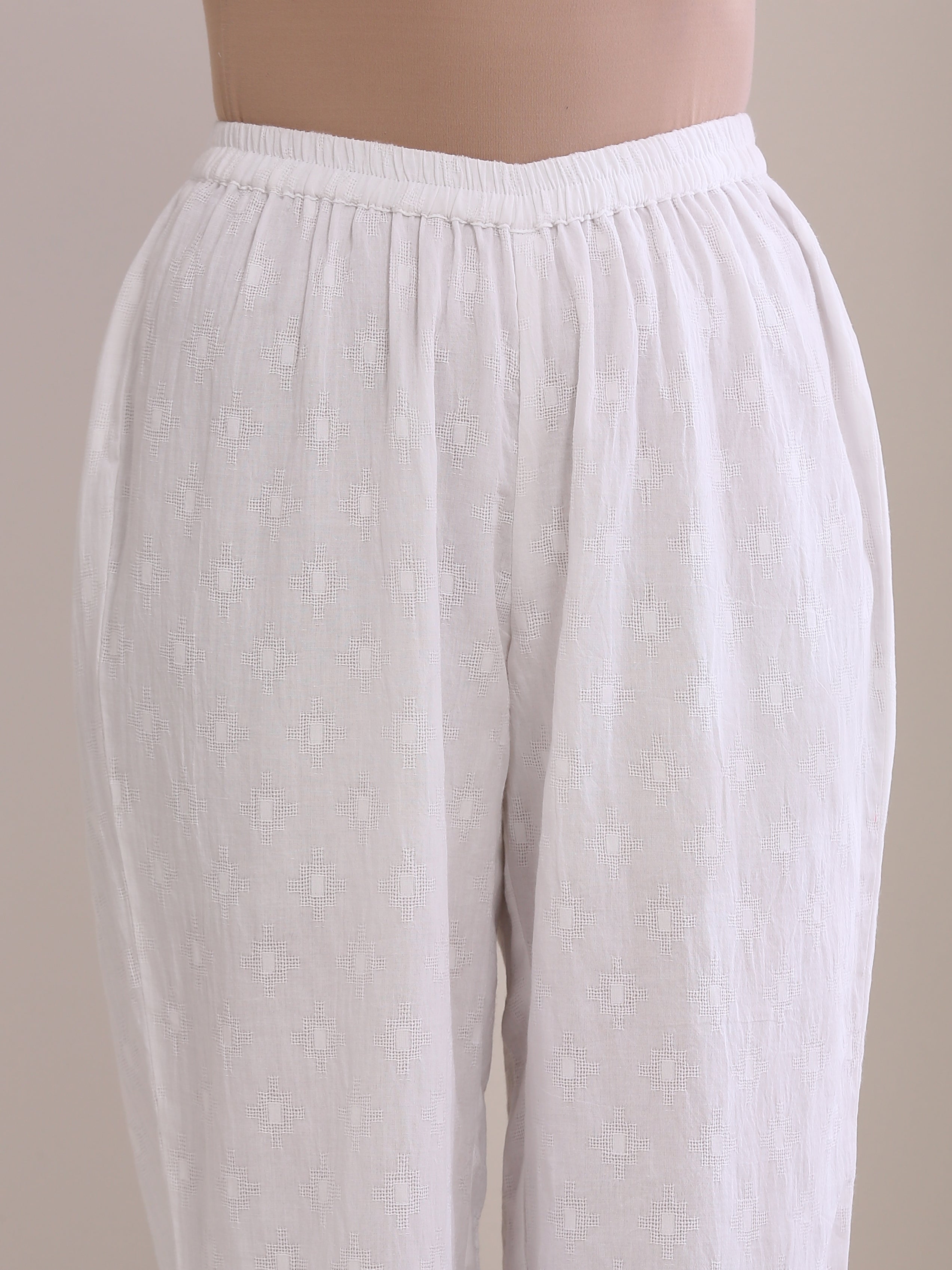 White Dobby High Slit Gathered Kurta Set