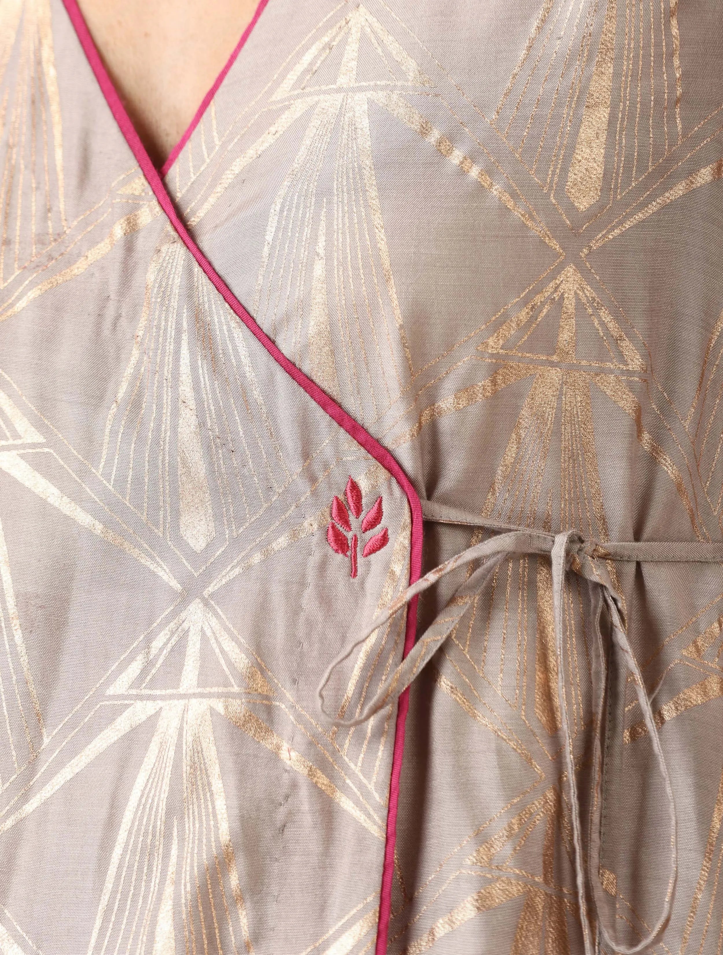 trueBrowns Grey Rose-Gold Foil Print Angrakha Kurta Set