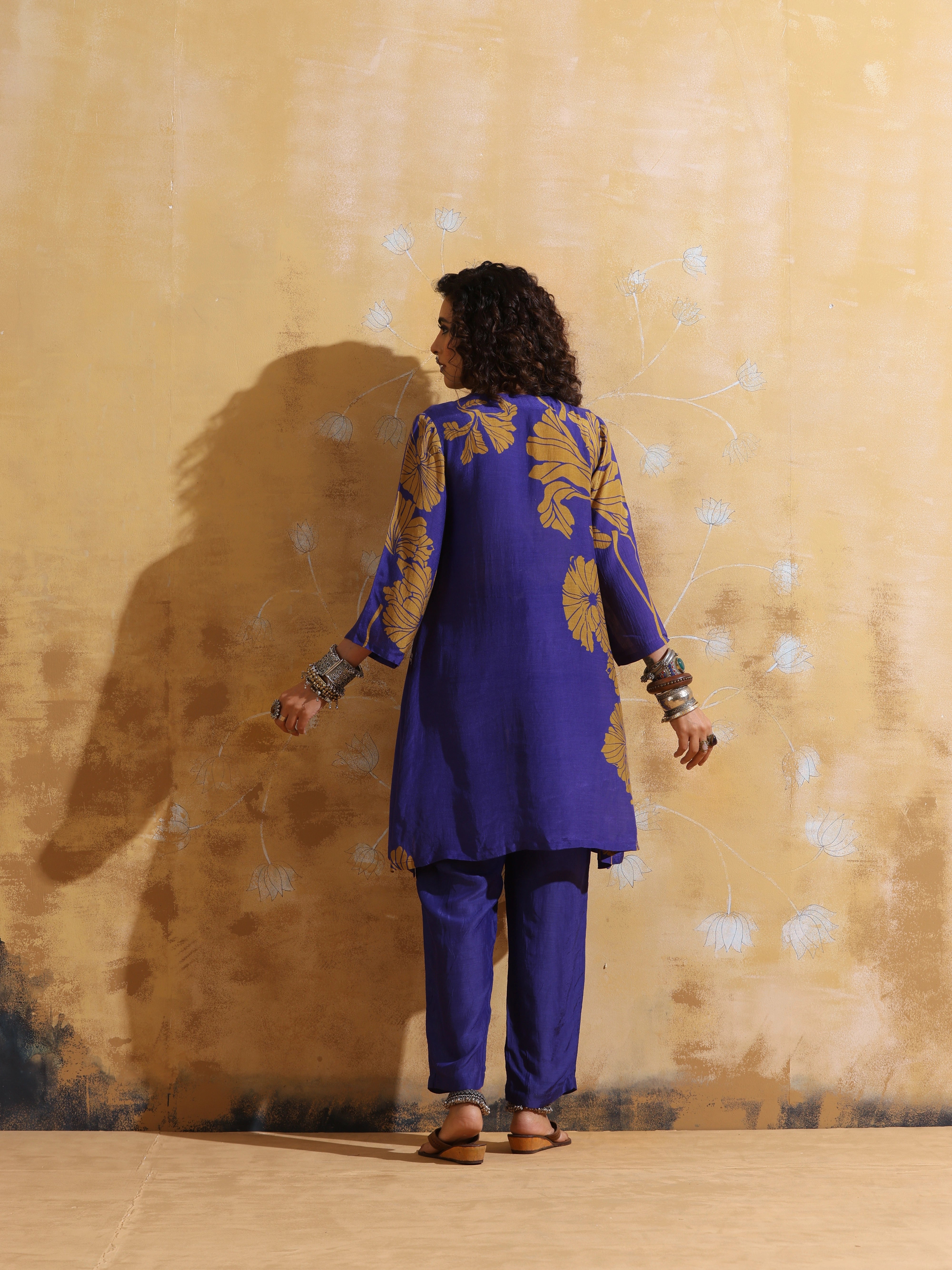 trueBrowns Purple Mustard Floral Print Muslin Silk A-line Kurta Co-ord Set