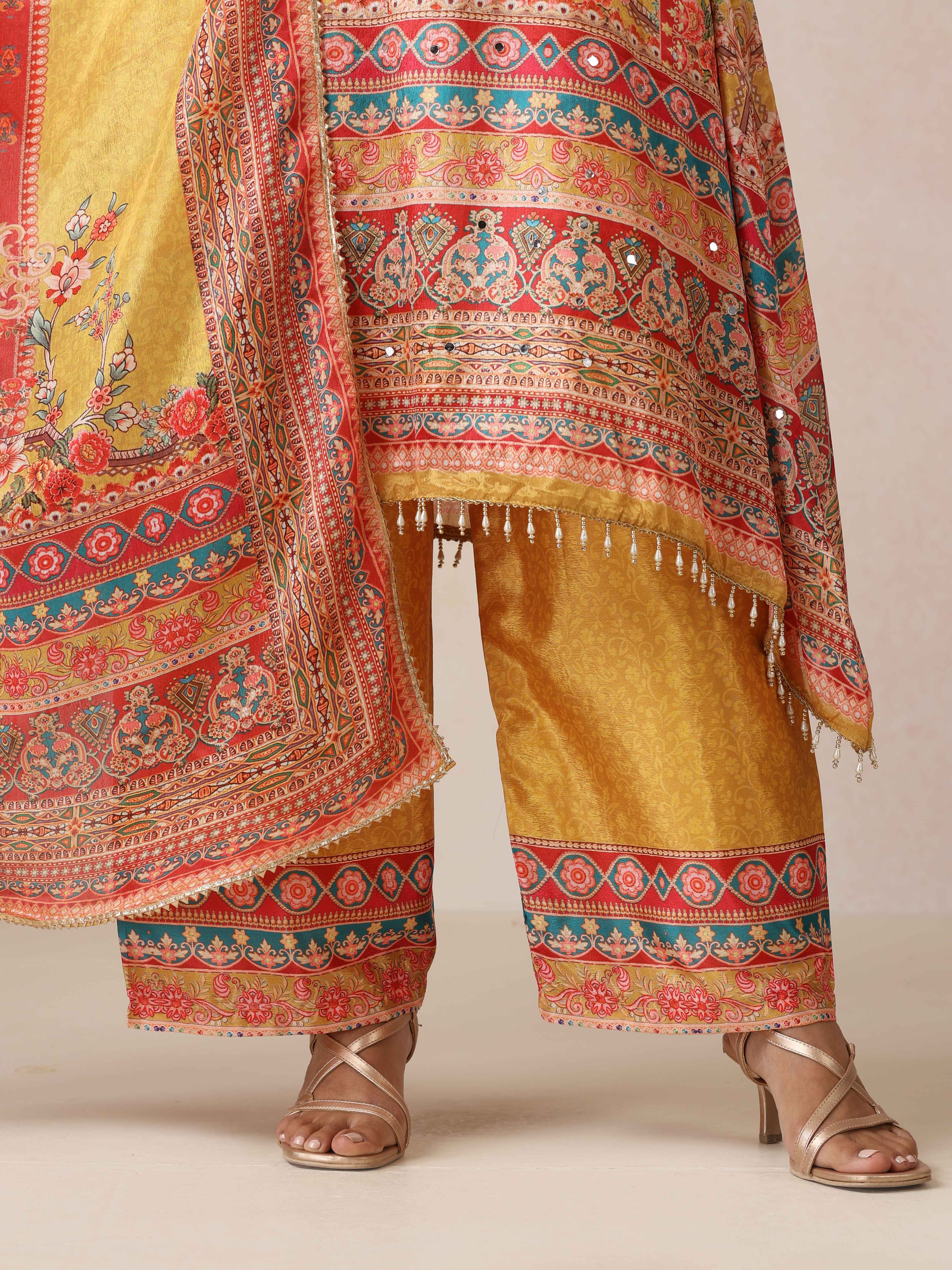trueBrowns Yellow Print A-Line Kurta 3pc Set