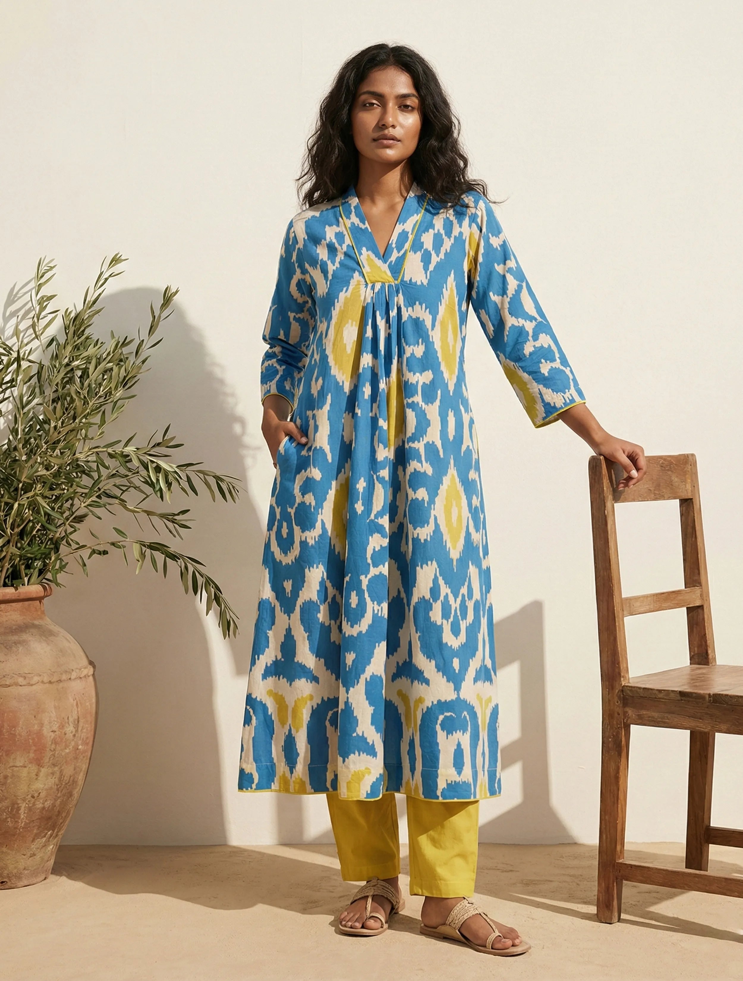trueBrowns Blue Ikat Print Cotton A-Line Kurta Set