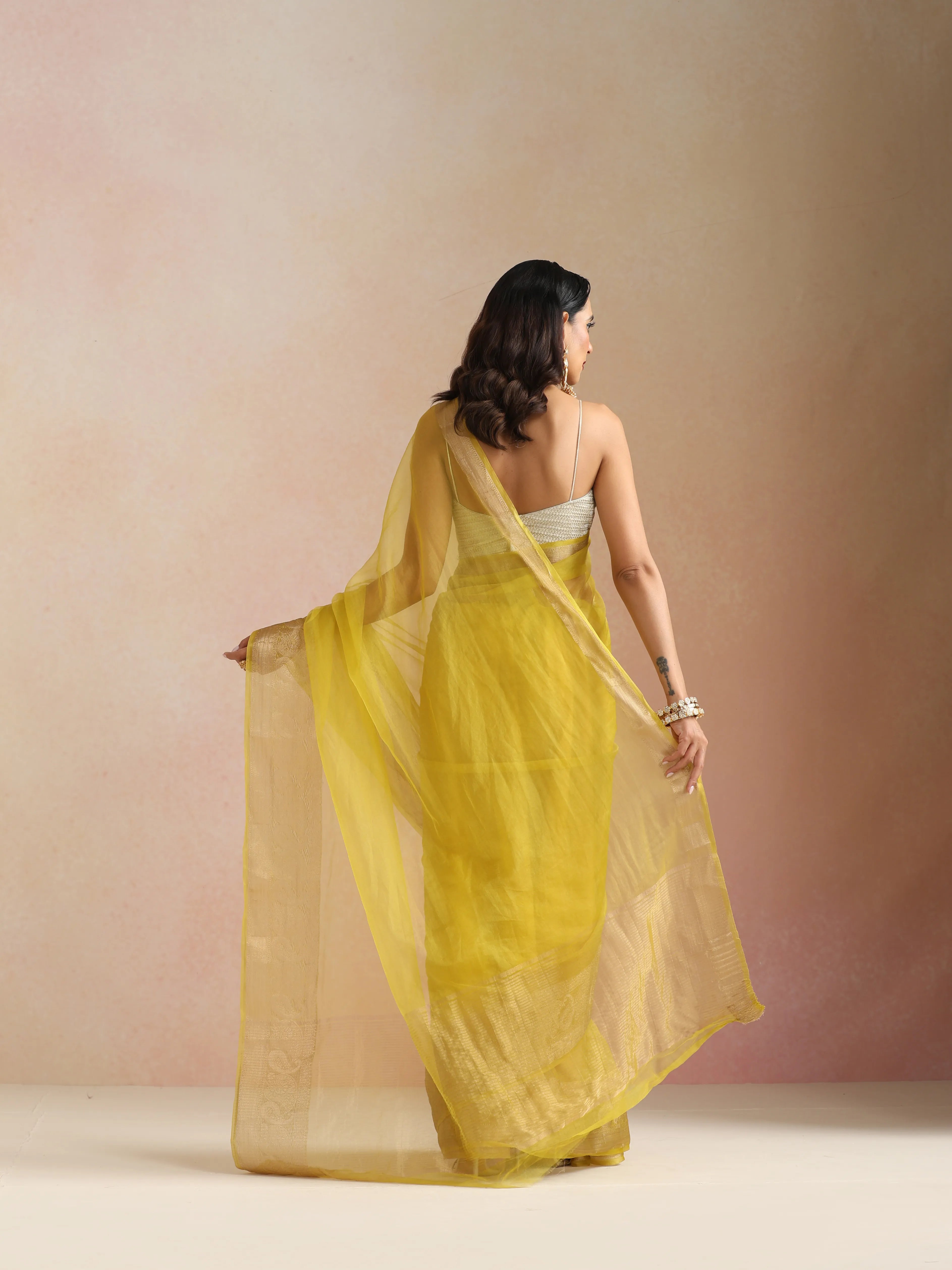 trueBrowns Lime Organza Saree With Unstitched Blouse